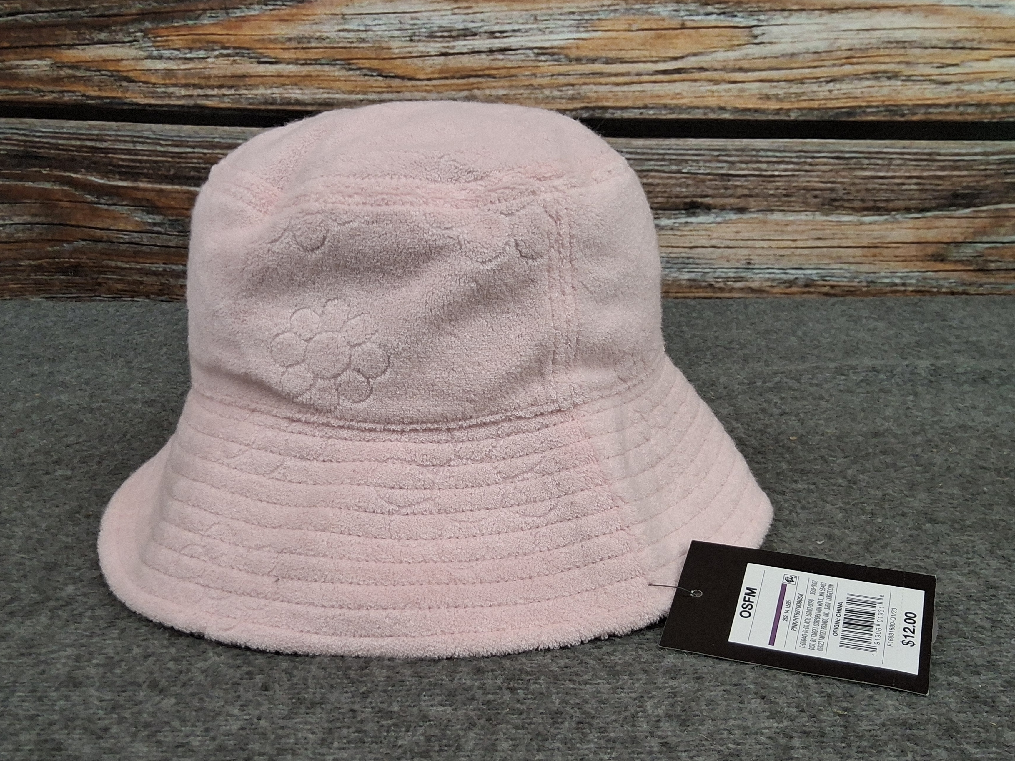 Pink Terry Cloth Bucket Hat w/ Floral Embossing