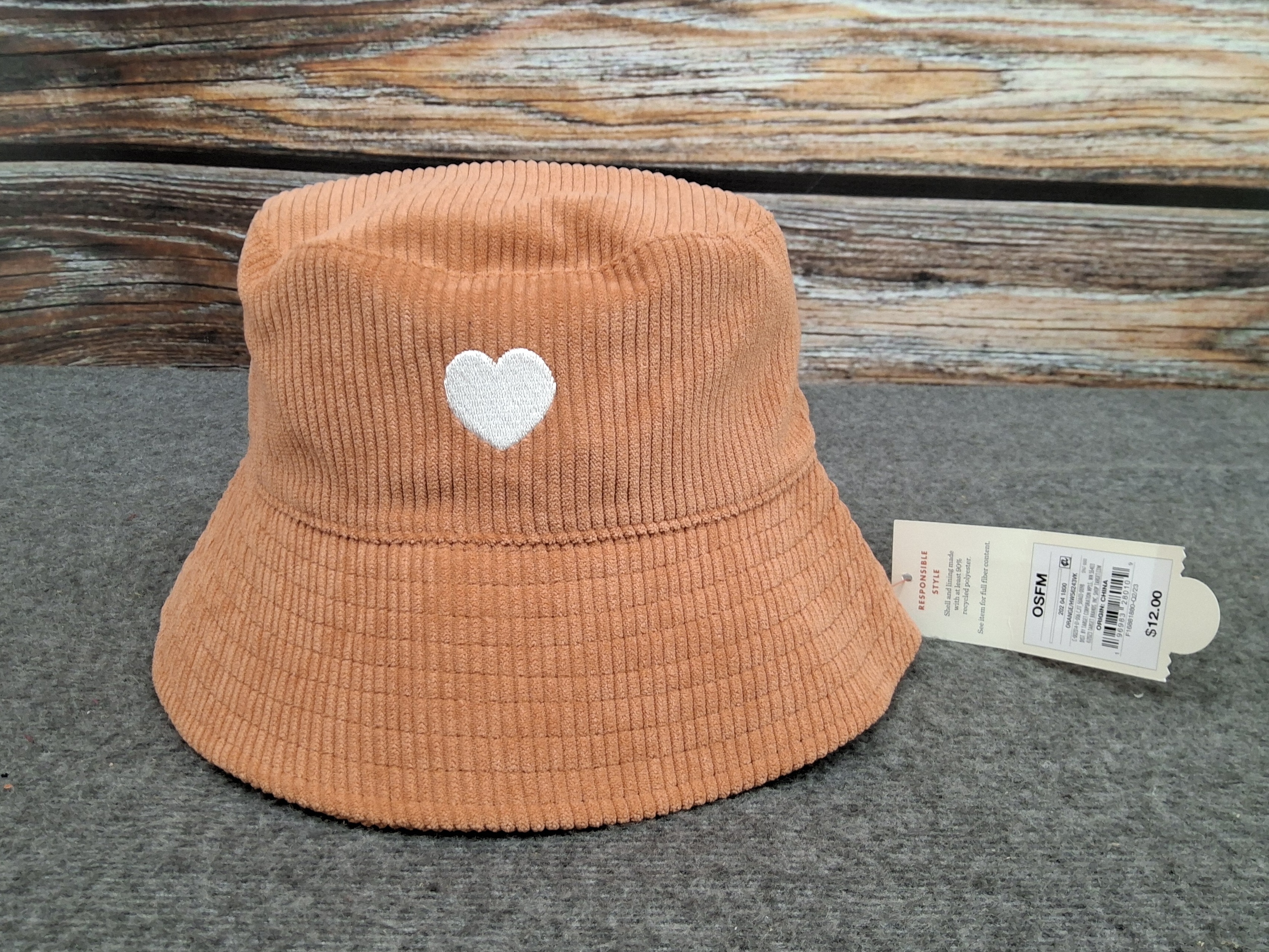 Tan Corduroy Bucket Hat w/ White Heart