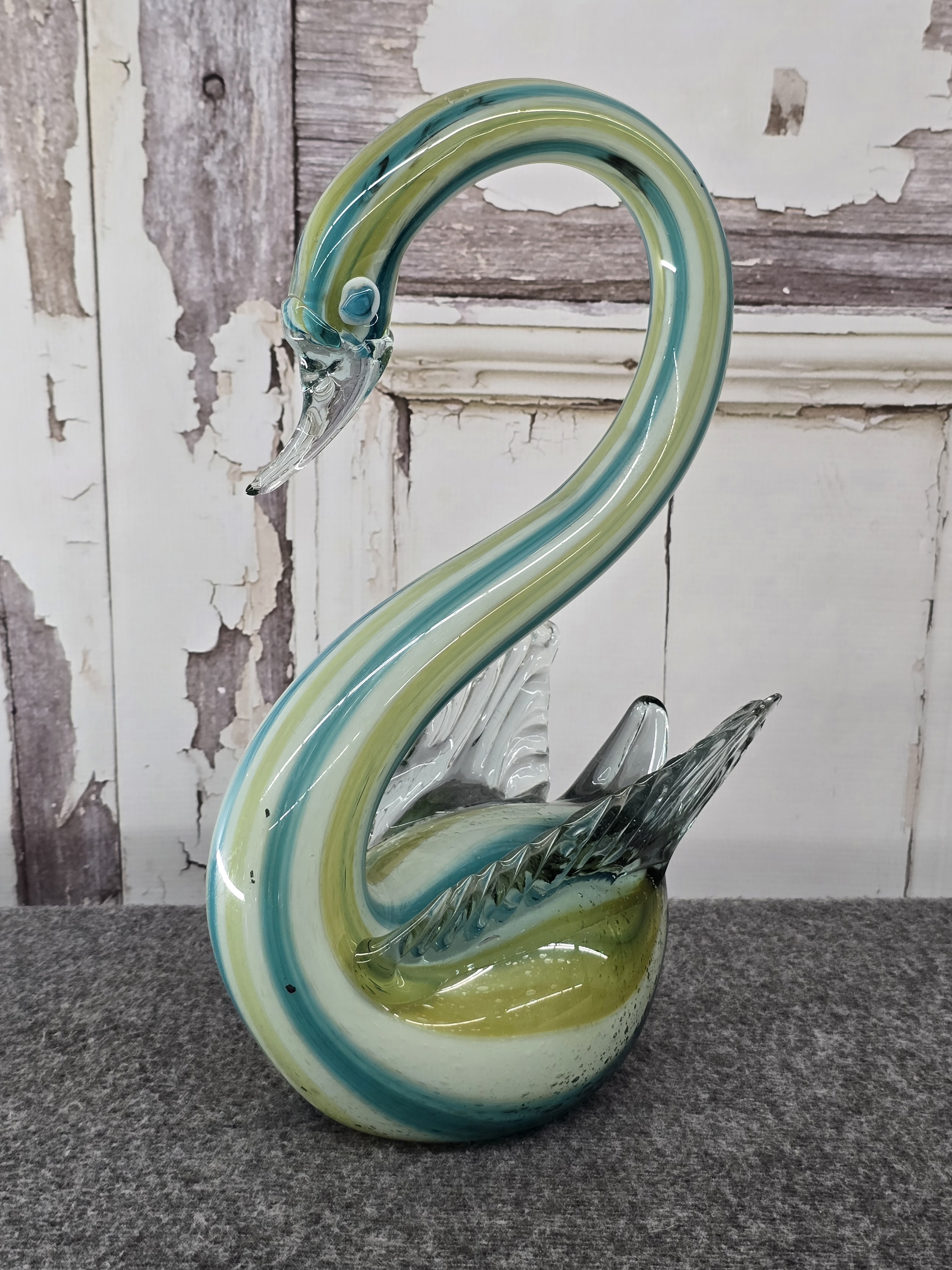 Art Glass Swan Figurine - Blue Green Swirl Pattern