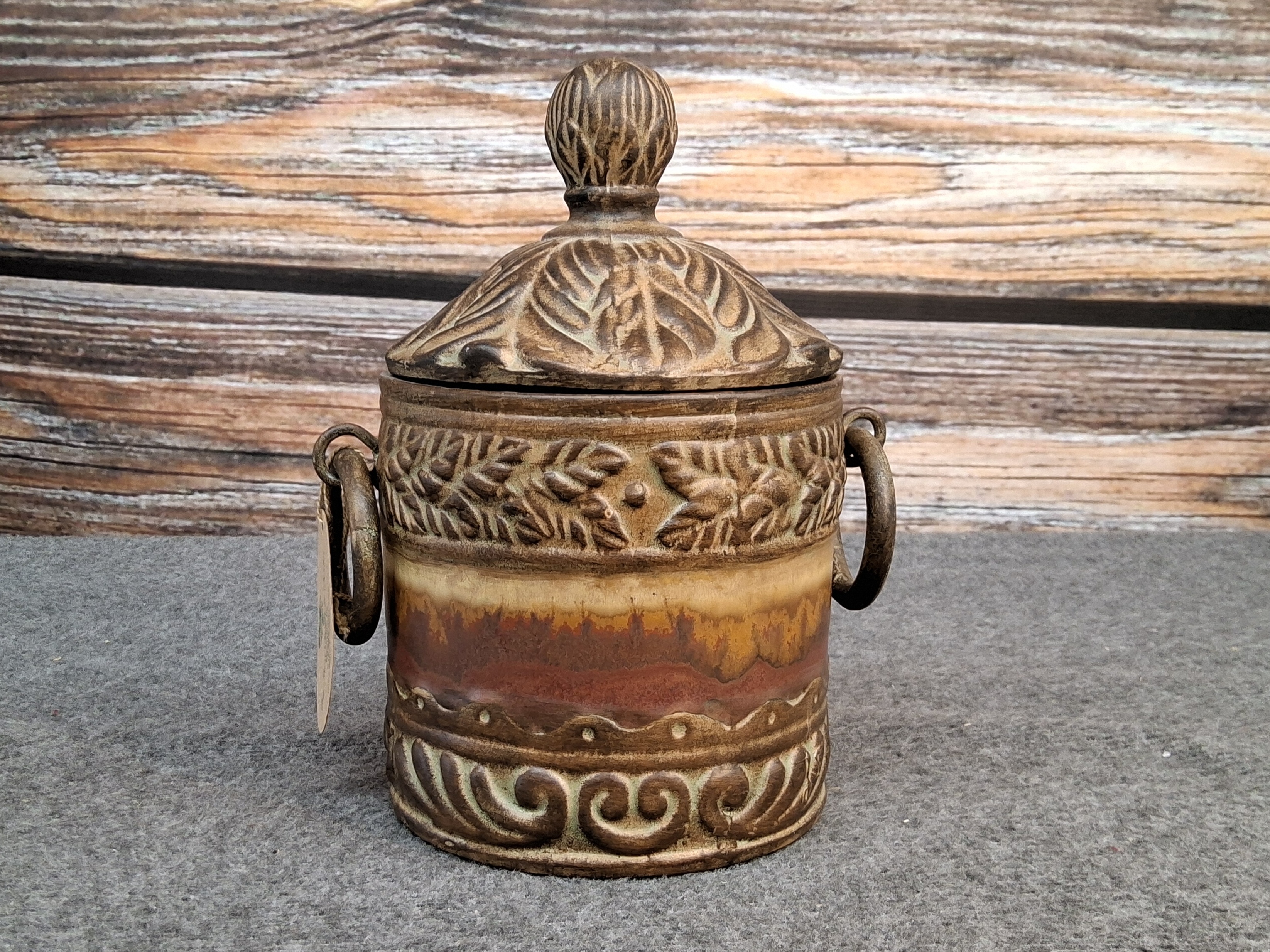 Rustic Stoneware Leaf Motif Canister with Lid & Handles