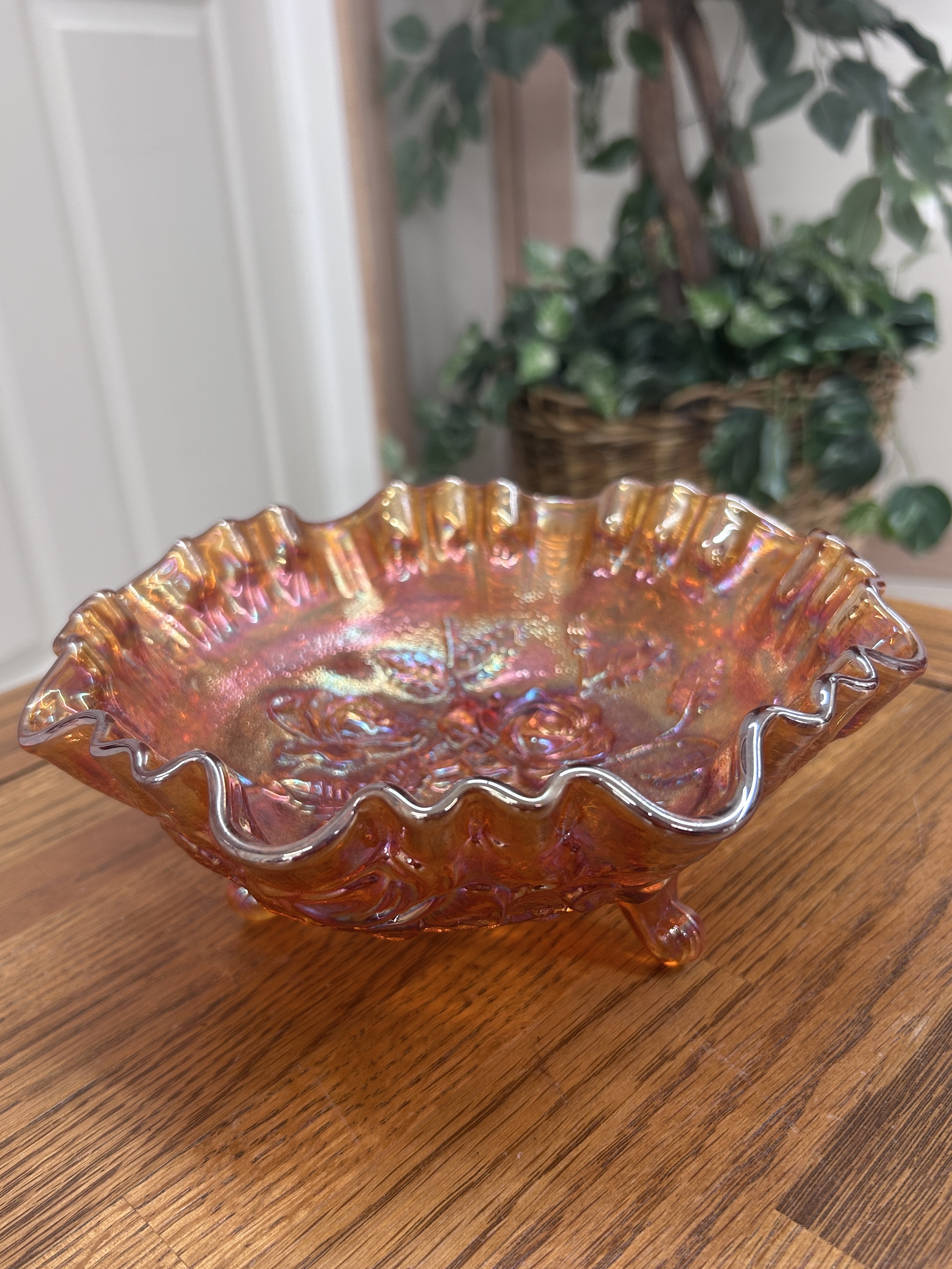 Vintage Imperial Rose Marigold Orange Carnival Glass Three Footed Ruffled Bowl