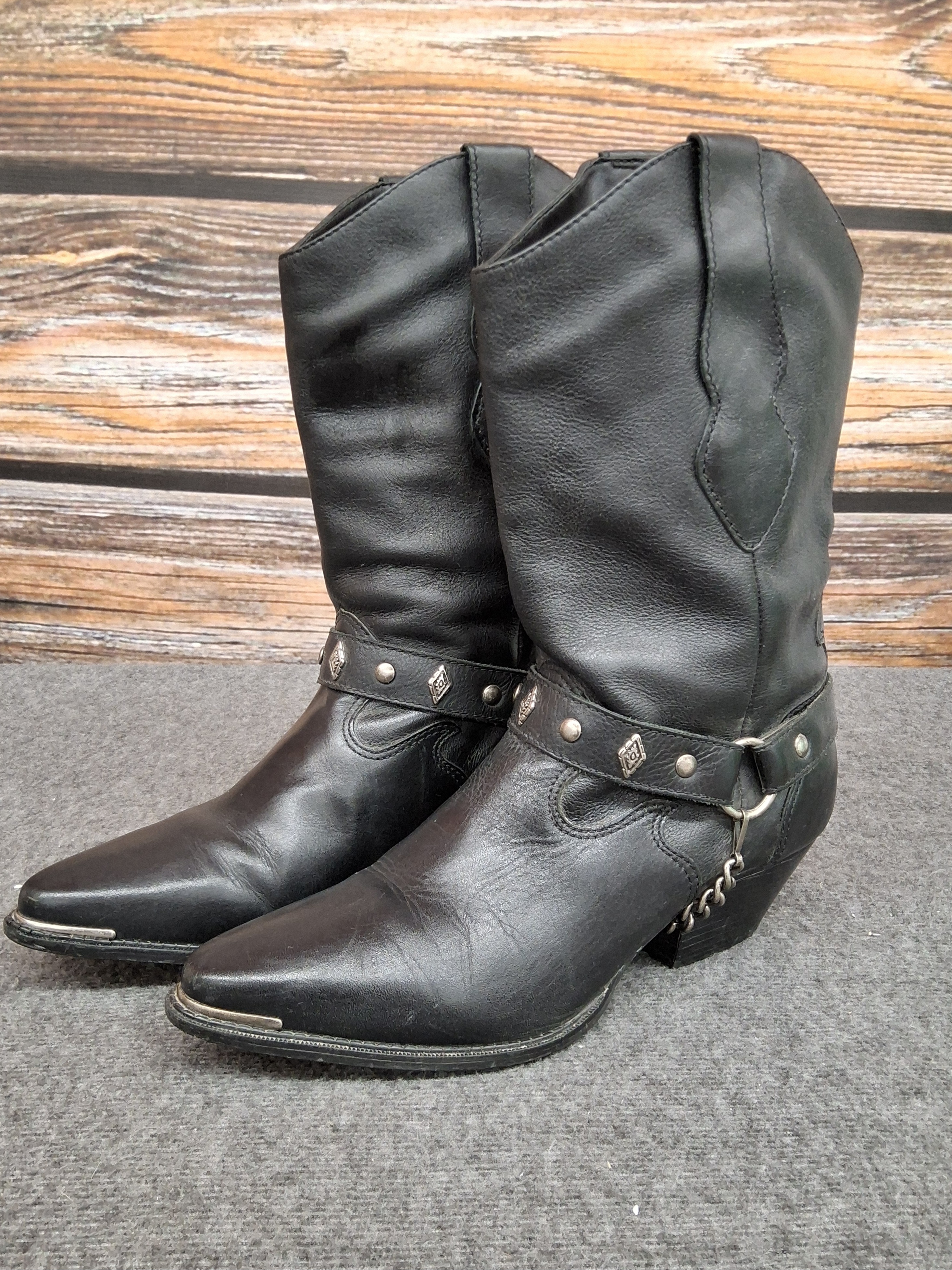 Men’s Black Leather Harness Cowboy Boots Size 9M