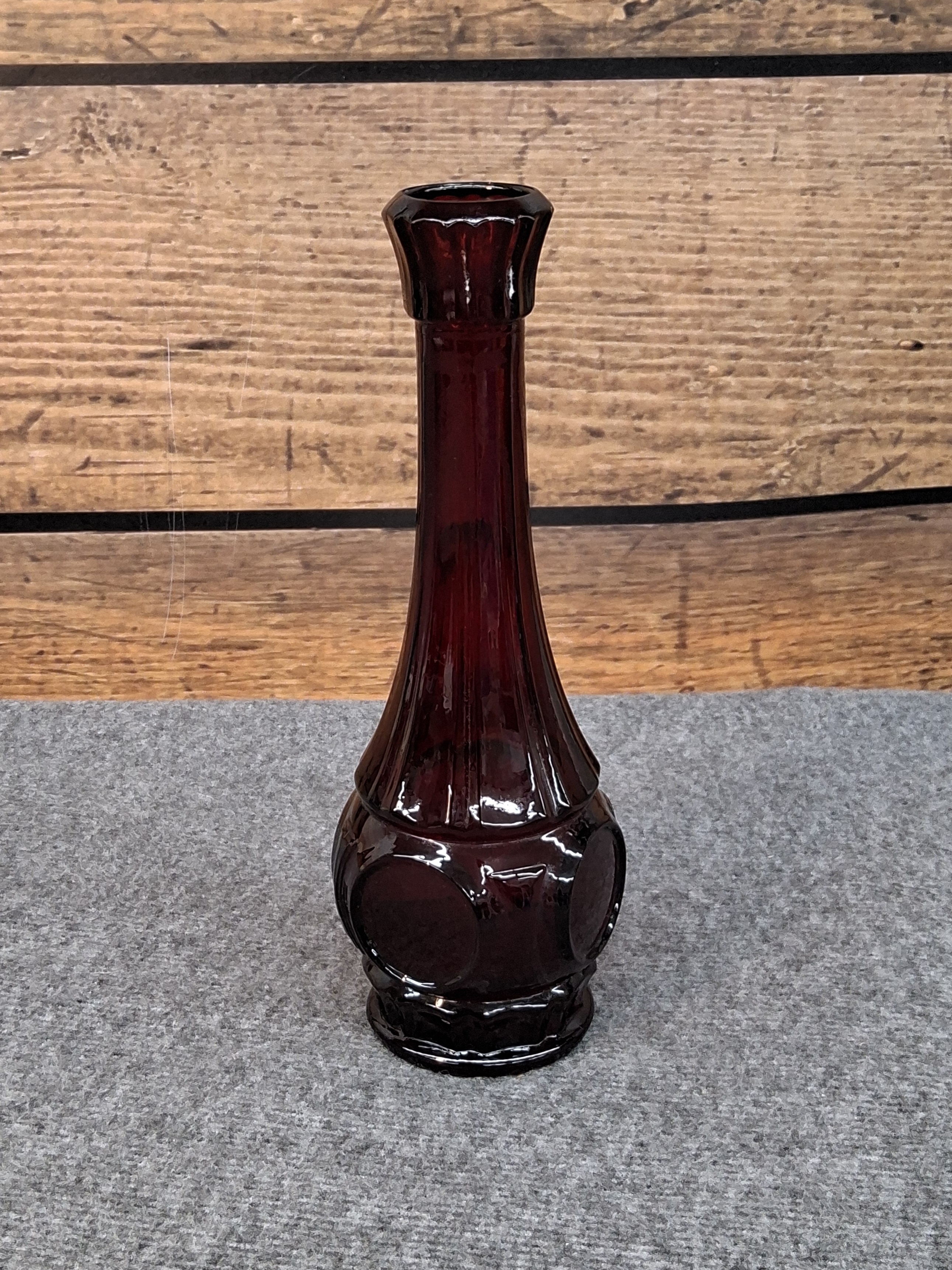 Vintage Ruby Red Glass Bud Vase with Fluted Neck and Round Panels