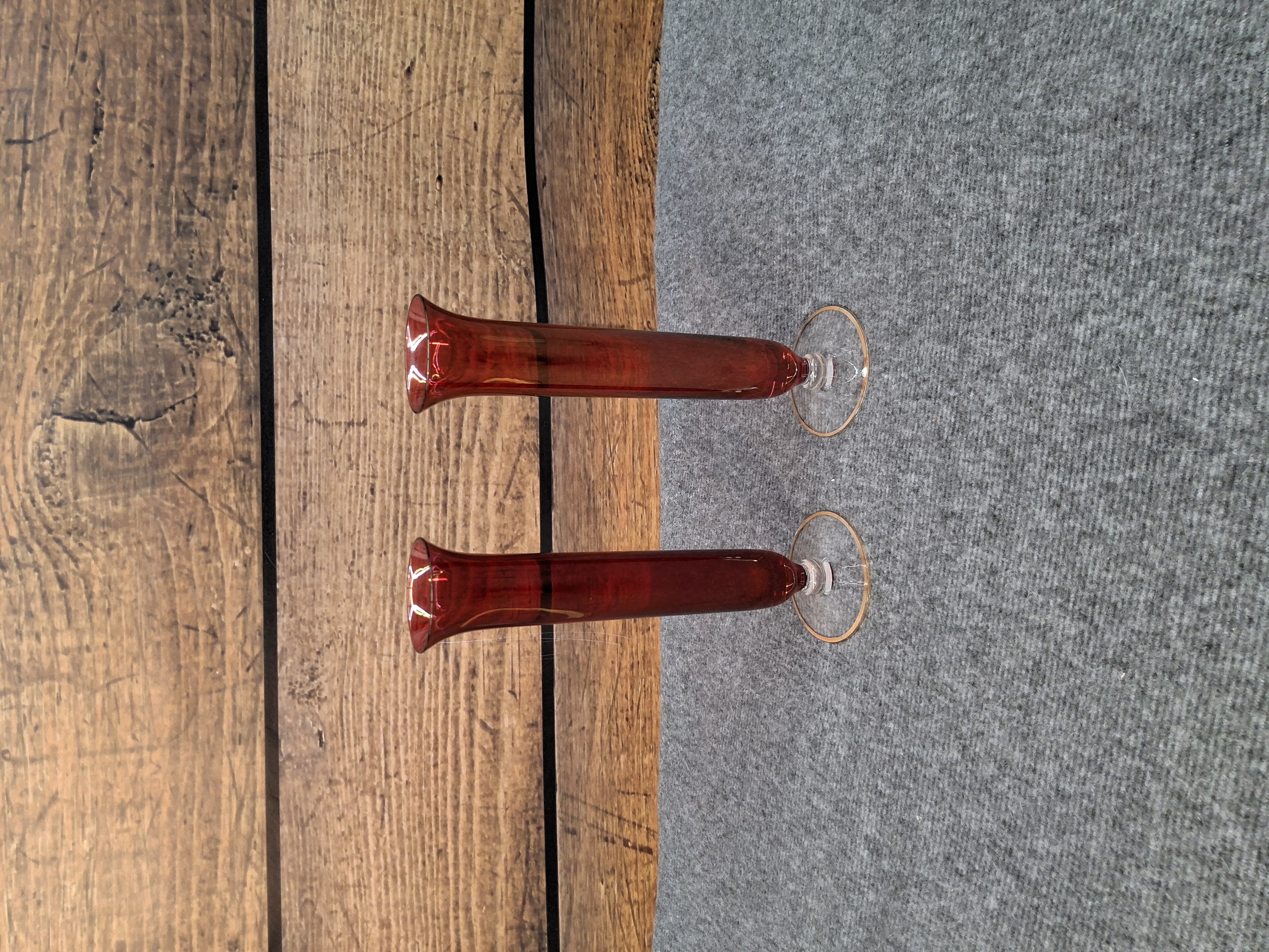 Pair of Vintage 8" Ruby Red Glass Bud Vases with Gold Trim