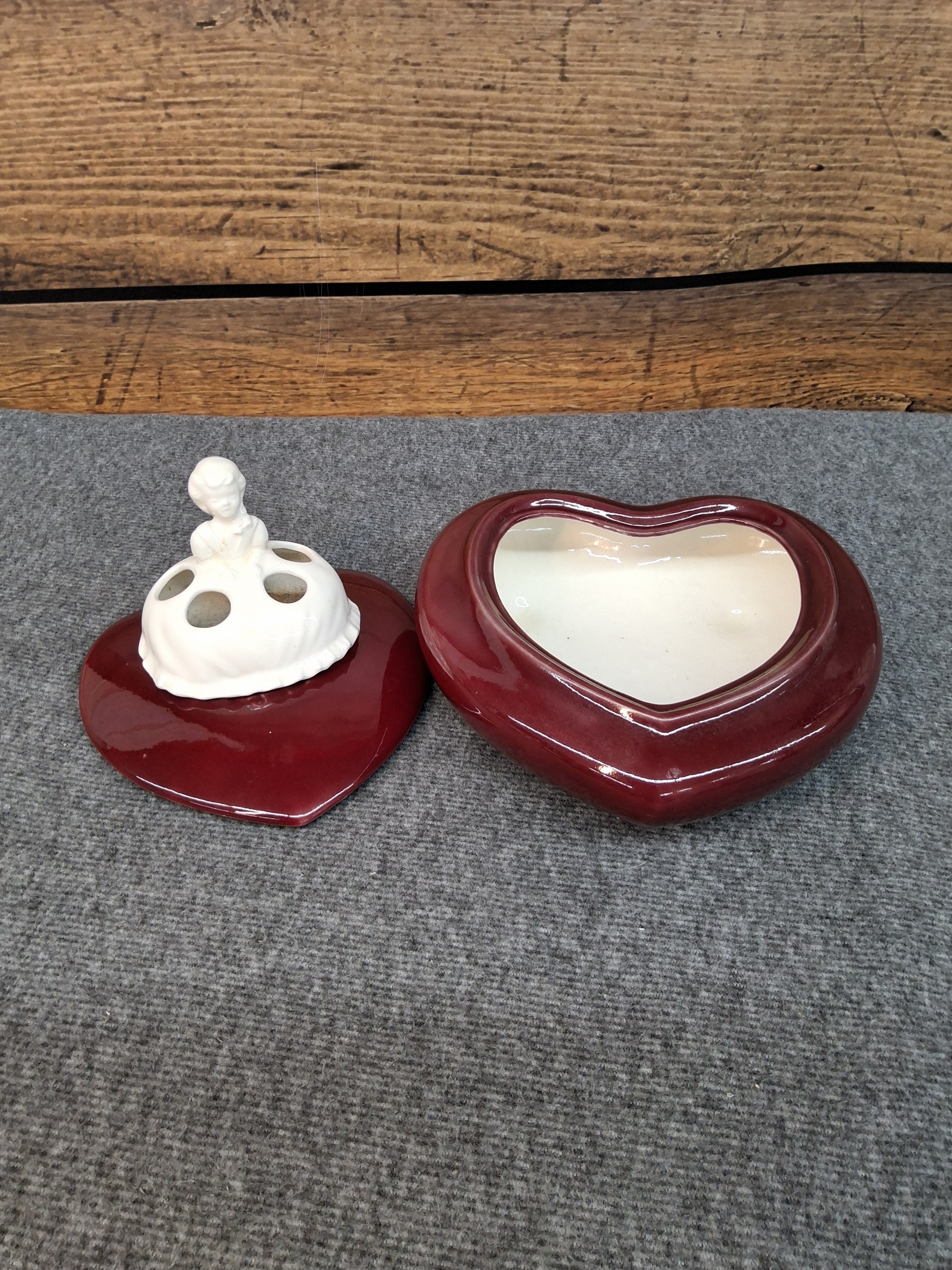 Vintage Heart-Shaped Lady Head Flower Frog Trinket Dish