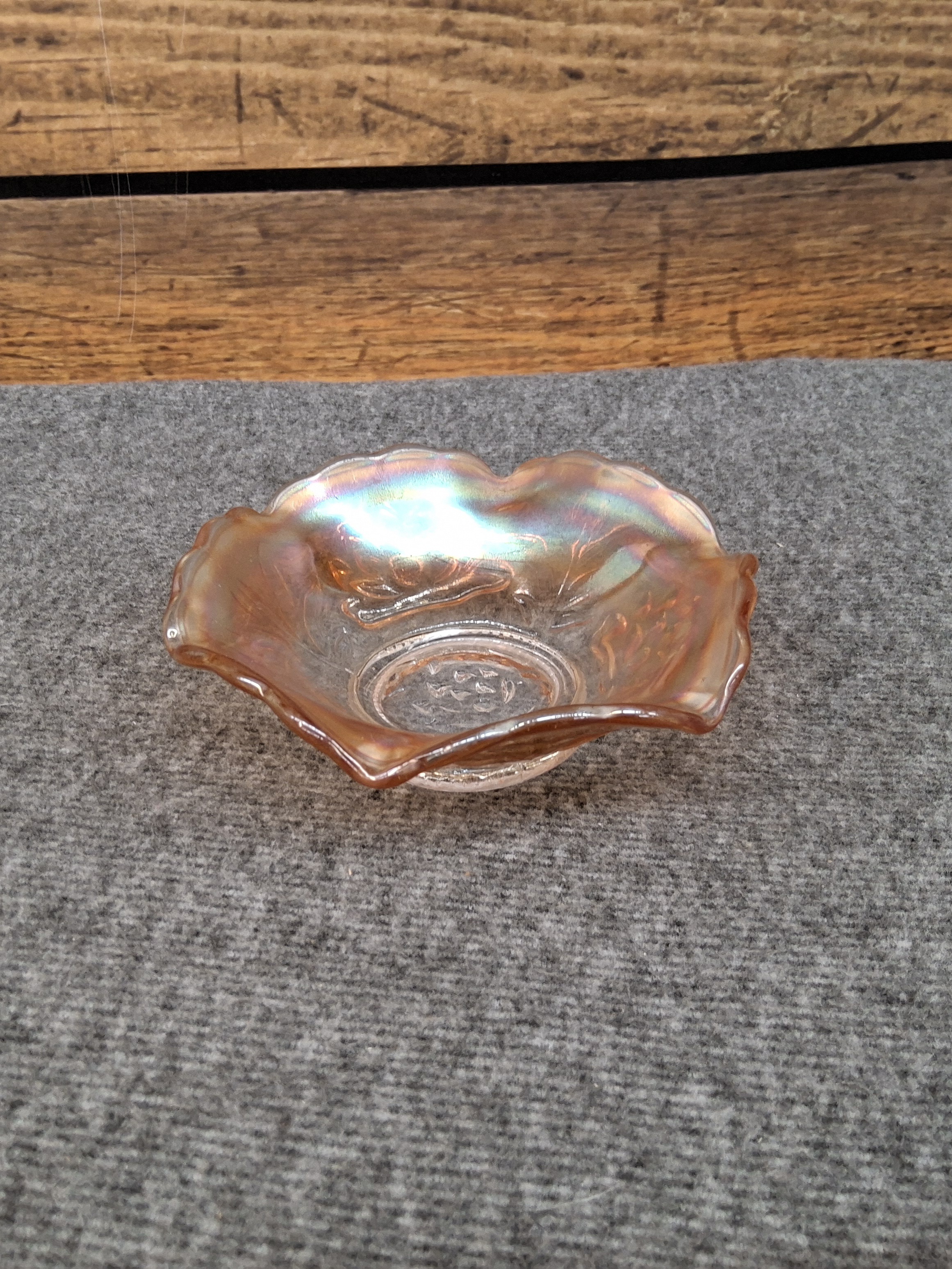 Carnival Glass Ruffled Dish with Floral Design