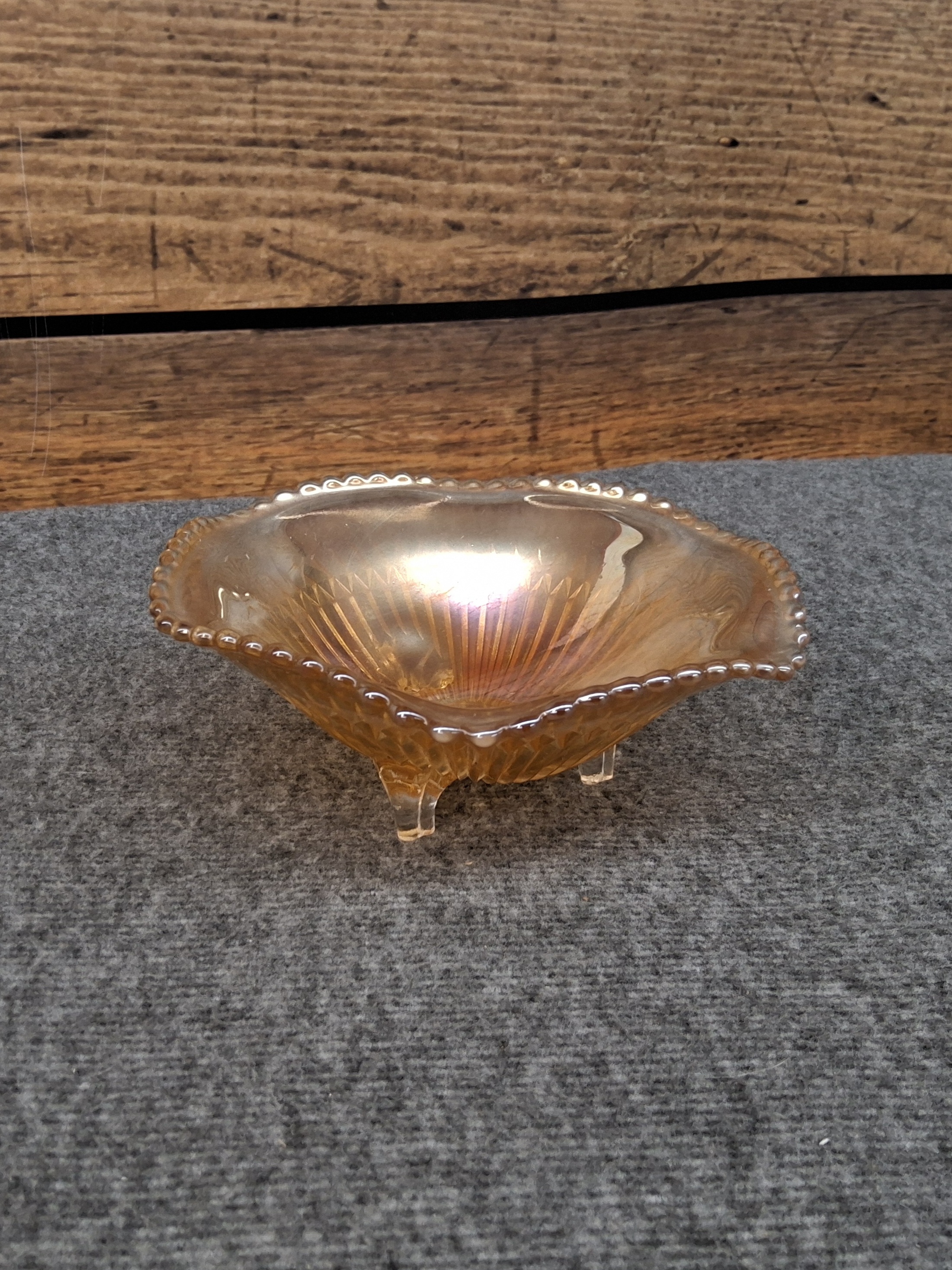 Vintage Amber Carnival Glass Footed Bowl with Beaded Rim