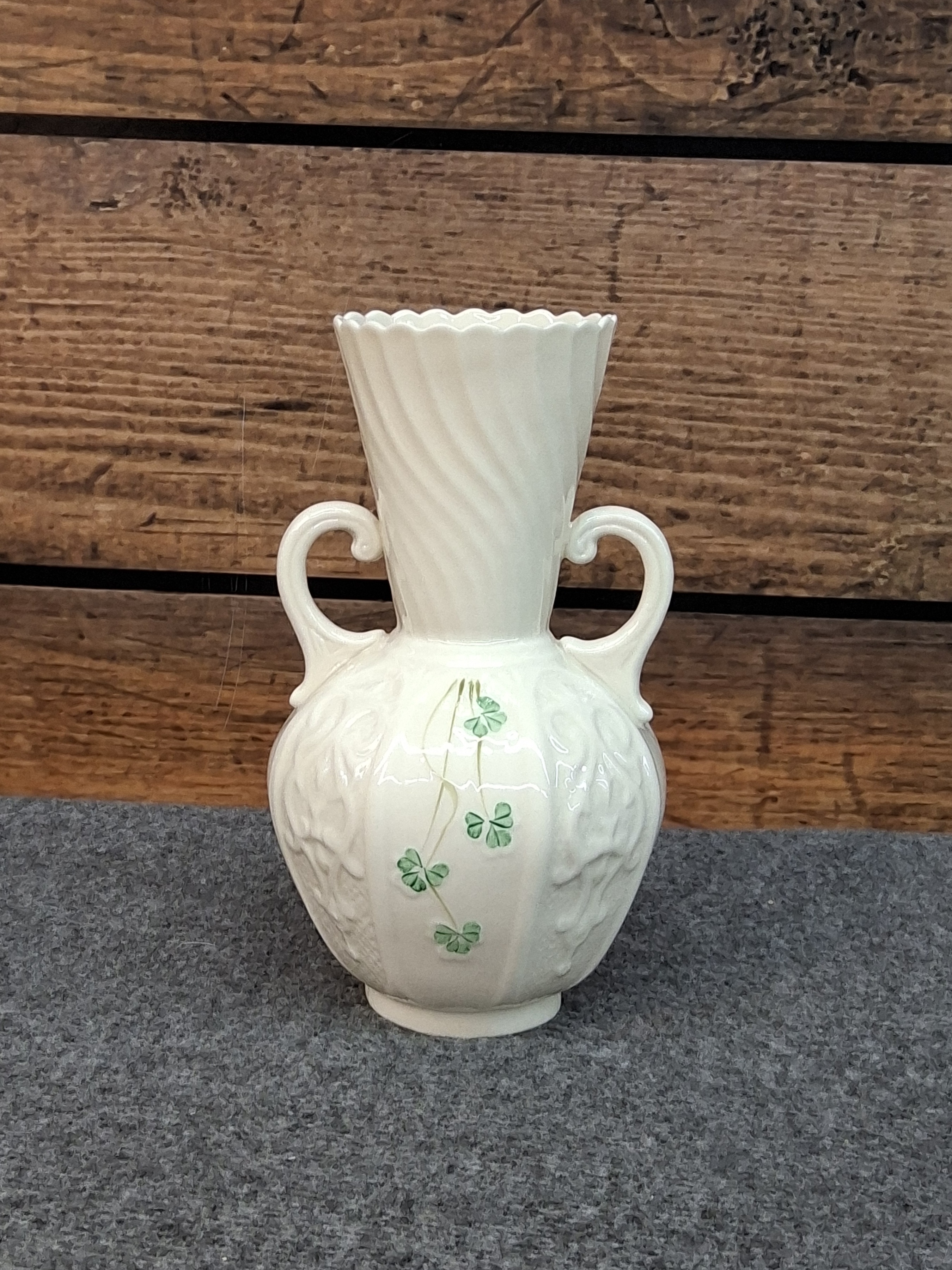 Belleek Ireland Shamrock Vase with Double Handles