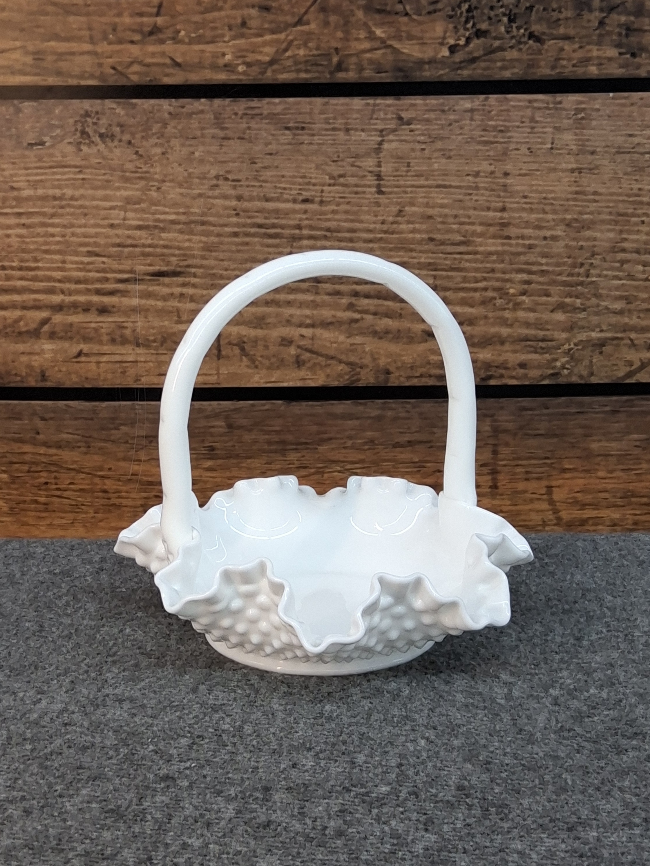Fenton Milk Glass Hobnail Basket with Ruffled Edge