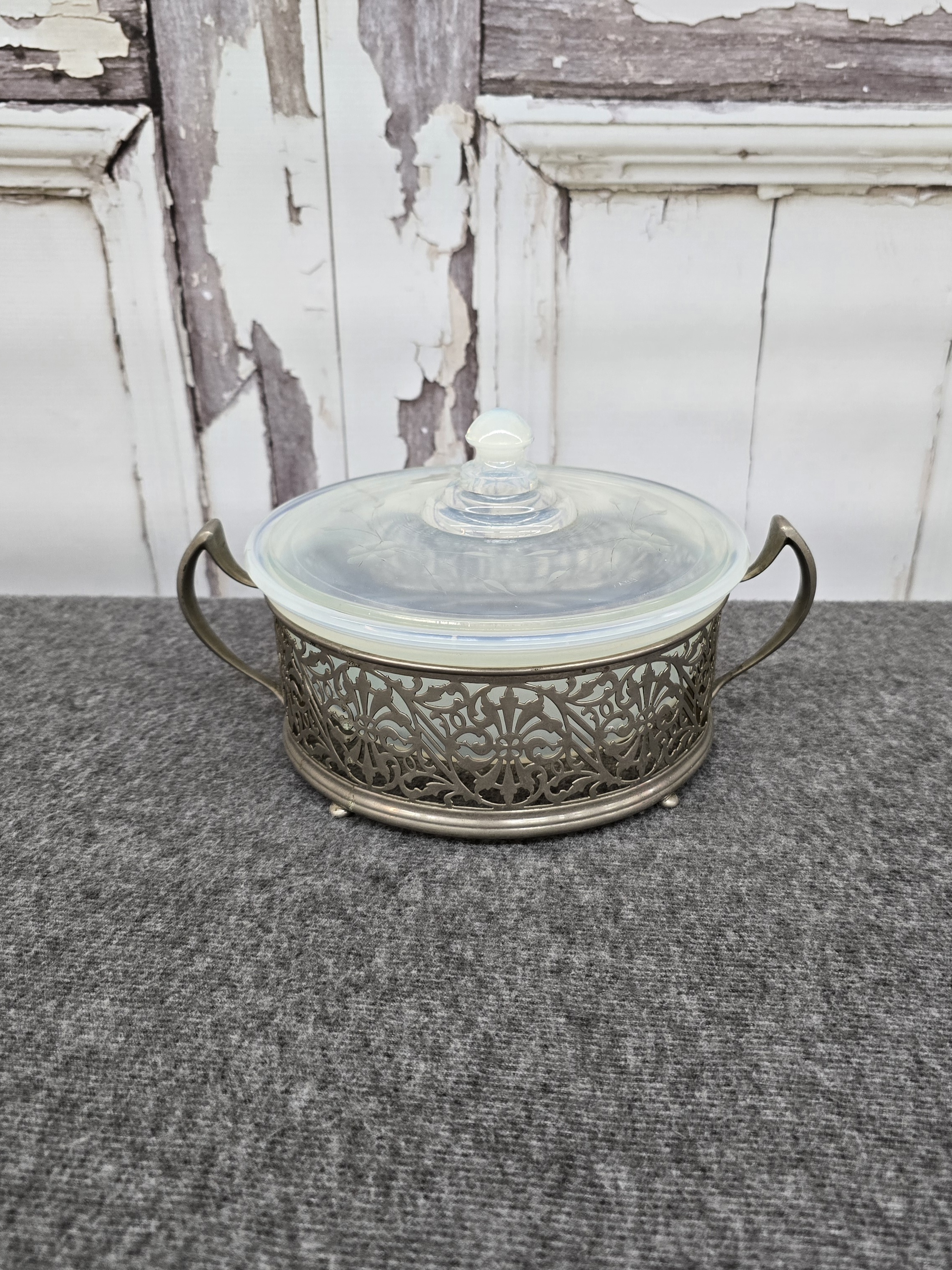 Antique Fry Oven Glass Casserole Dish w/ Lid & Metal Holder