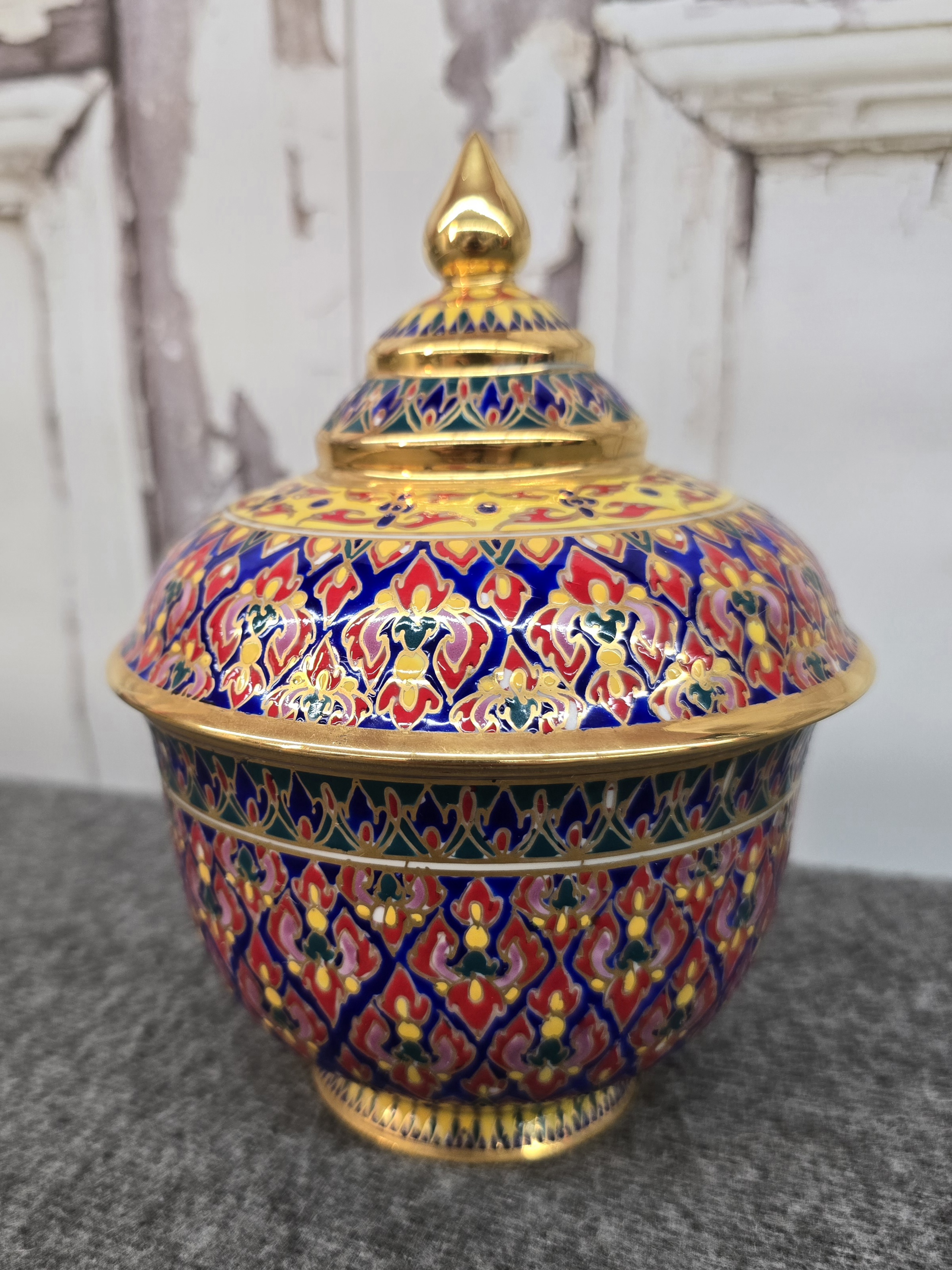 Hand-Painted Thai Benjarong Covered Bowl w/ Gold Trim