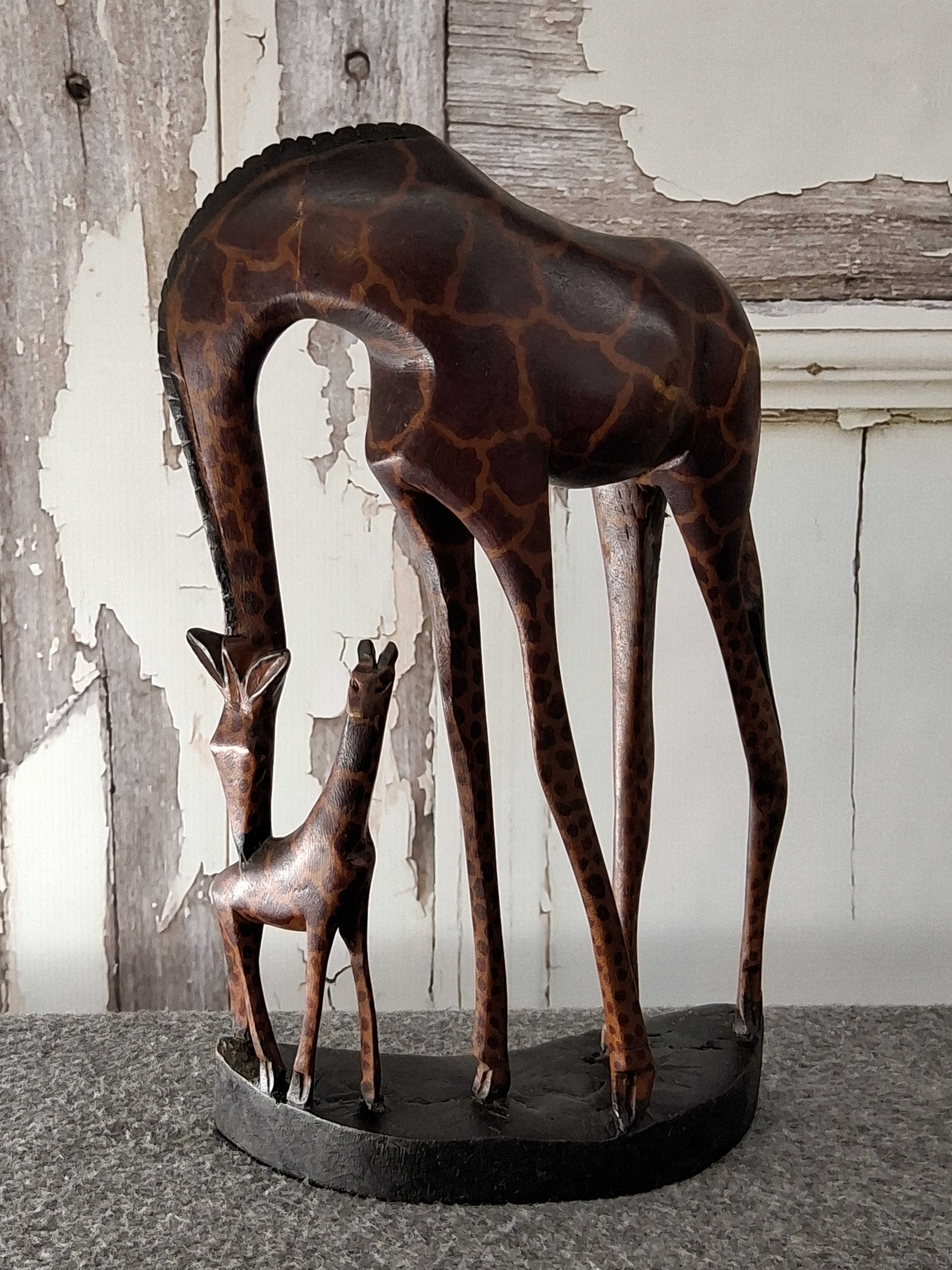 Hand-Carved Wooden Giraffe Family Sculpture, 12.5" (Damaged)