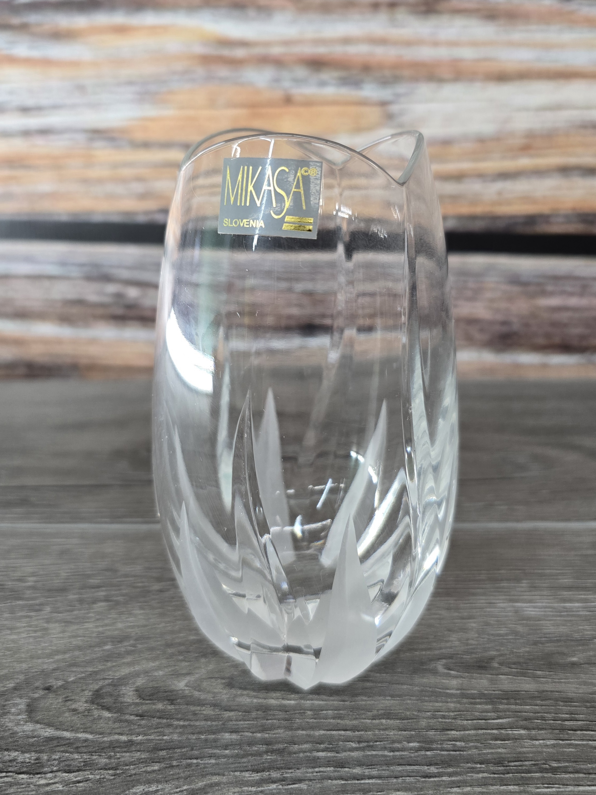 Mikasa Slovenia Cut Crystal Vase 5.5" Etched Leaf Pattern w/ Label