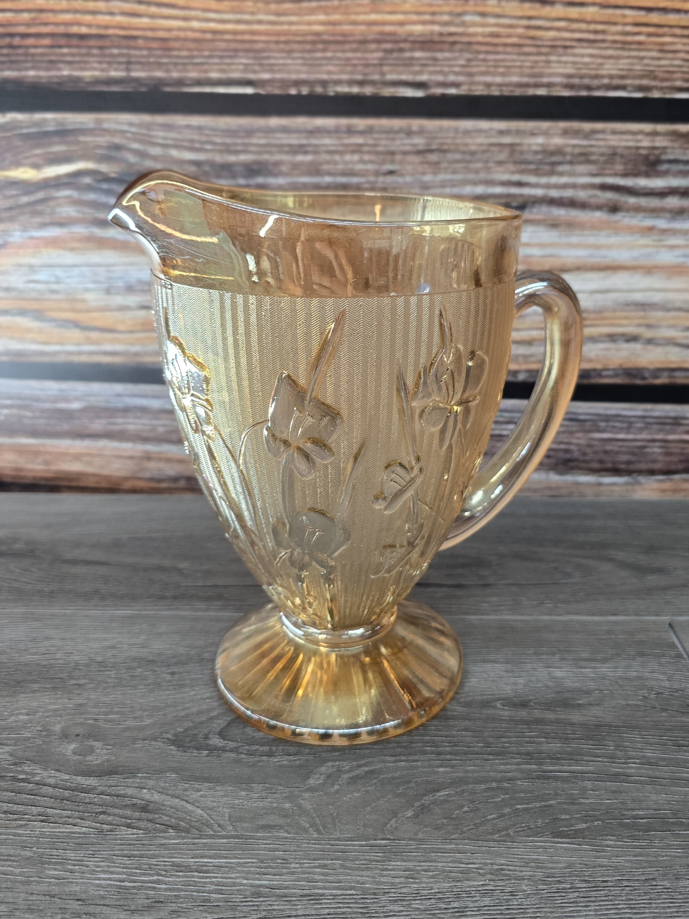 Vintage Jeannette Glass Iris Herringbone Amber Pitcher 9"H Depression Era