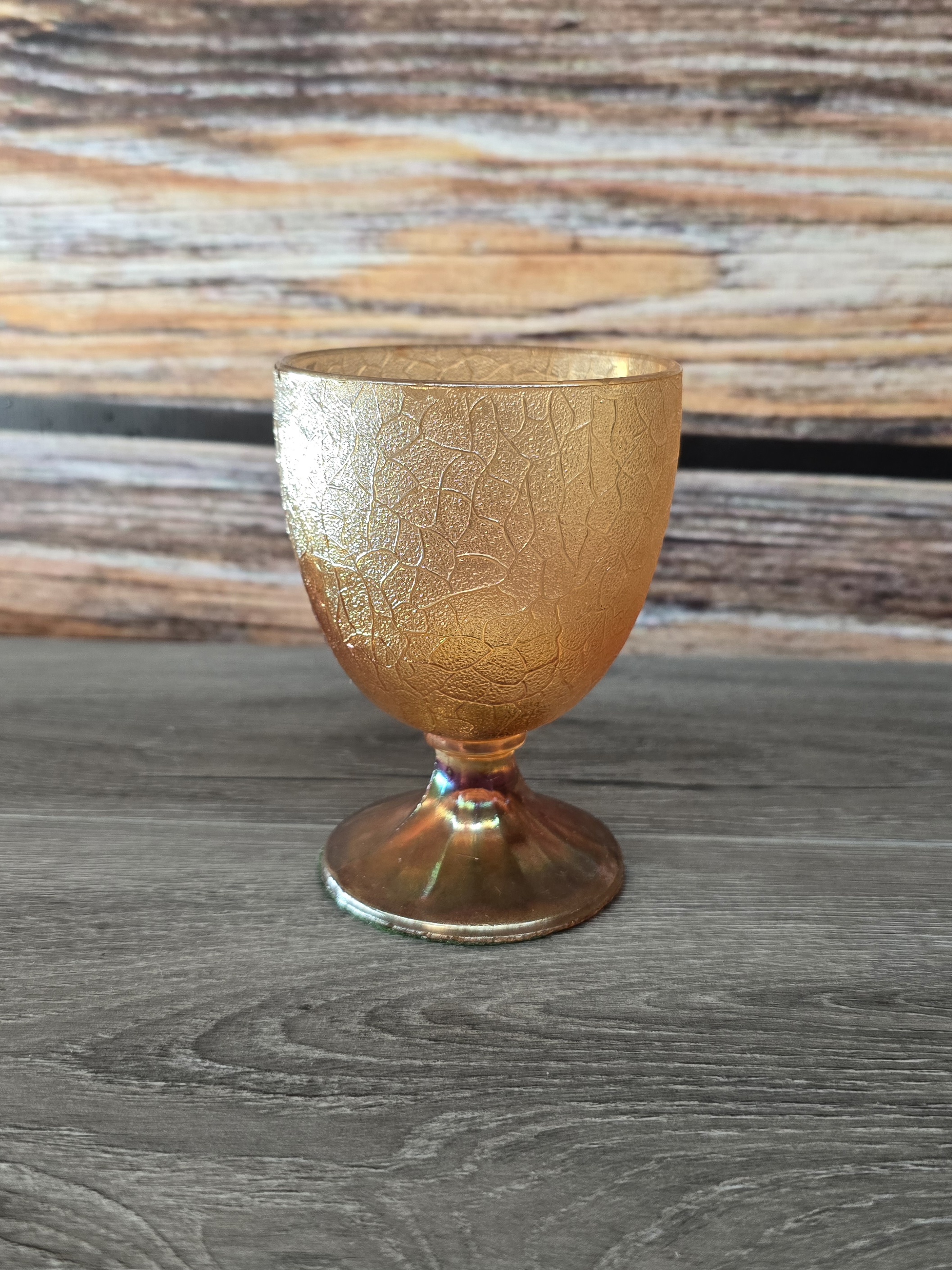 Vintage Amber Carnival Glass Goblet Leaf Pattern Iridescent 4.75"H