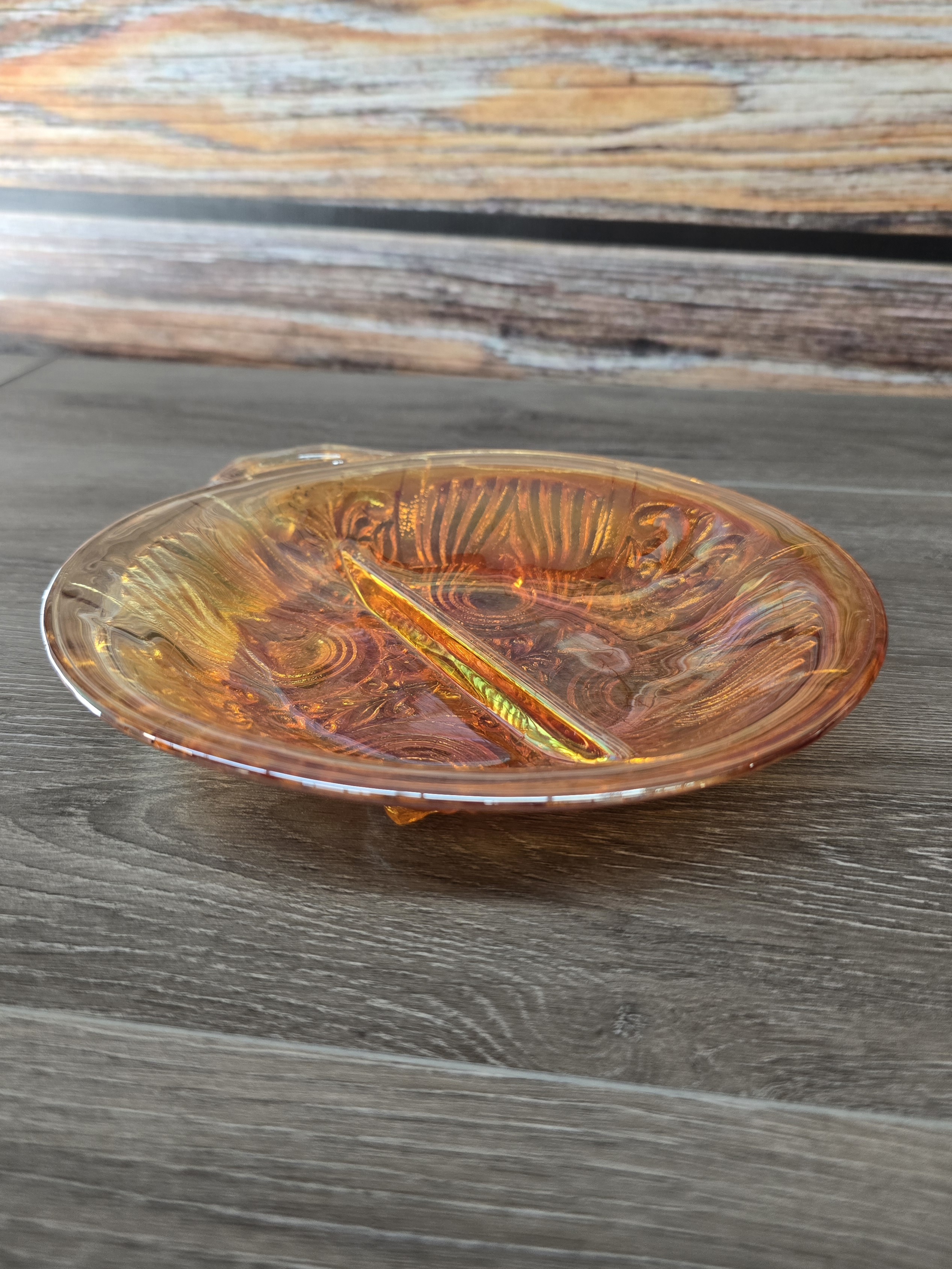 Vintage Marigold Carnival Glass Divided Relish Tray 8"