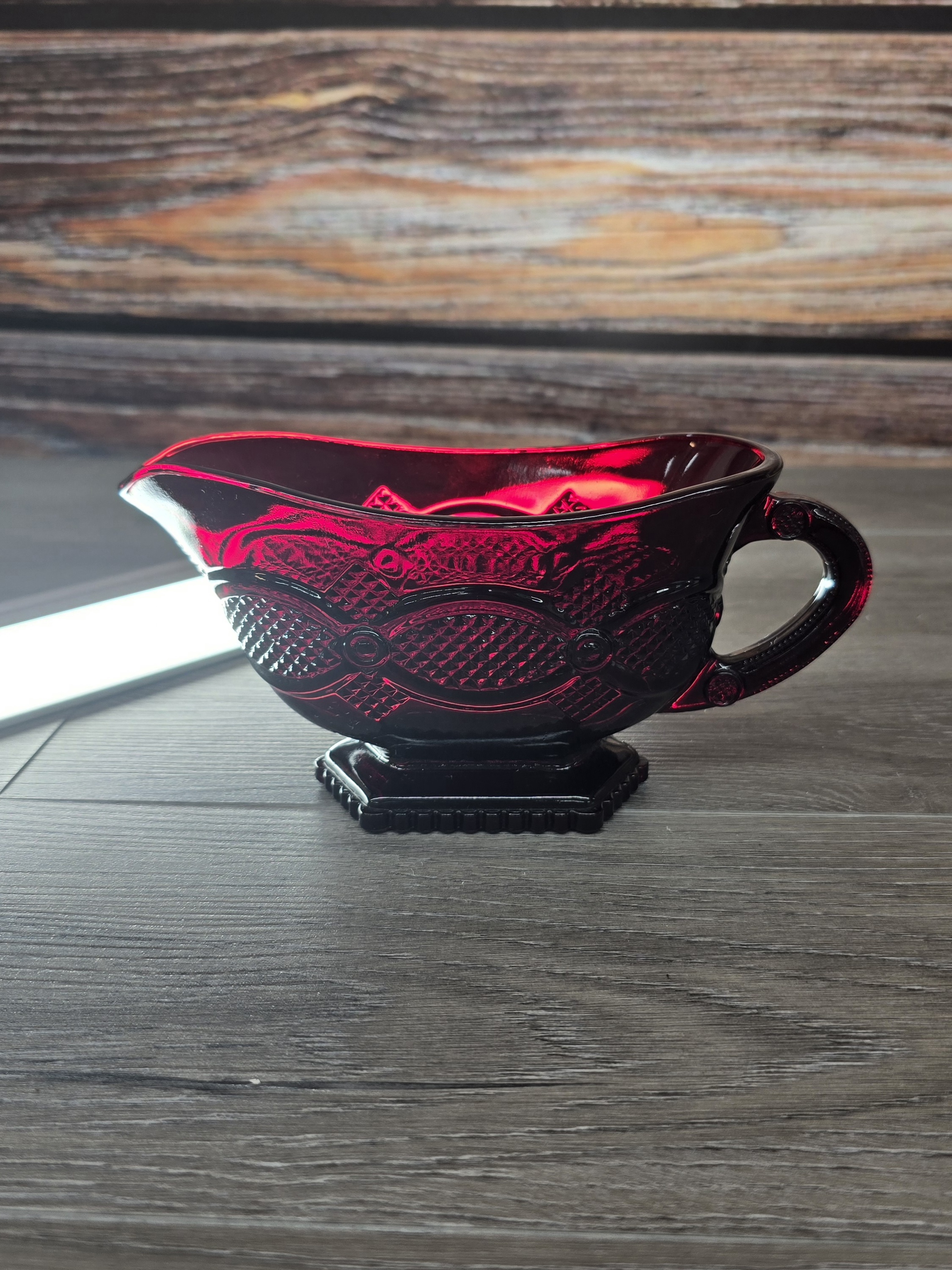 Vintage Avon Cape Cod Ruby Red Glass Gravy Boat Footed Sauce Dish