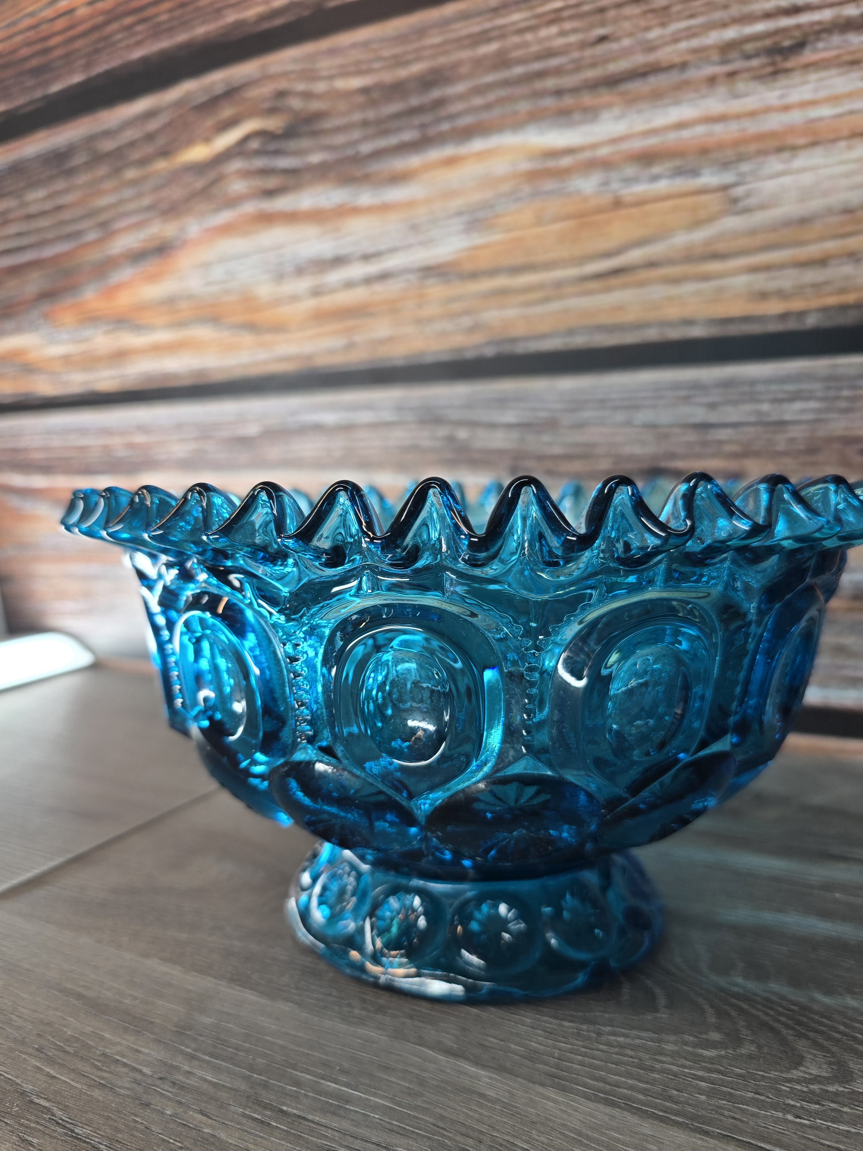 Heritage by Smith Moon & Stars Teal Blue Glass Ruffled Compote