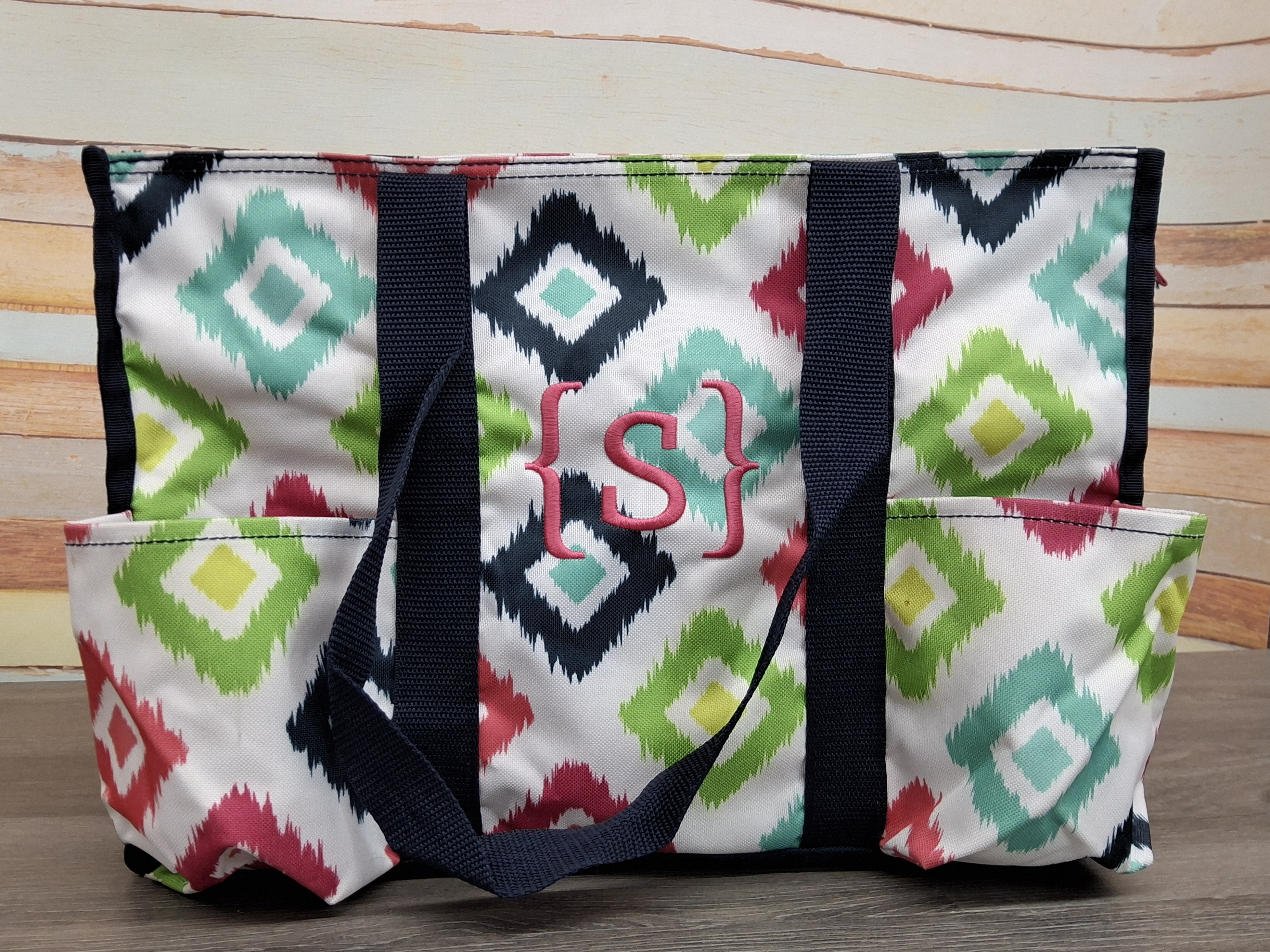 Colorful Ikat Print Tote Bag with Exterior Pockets