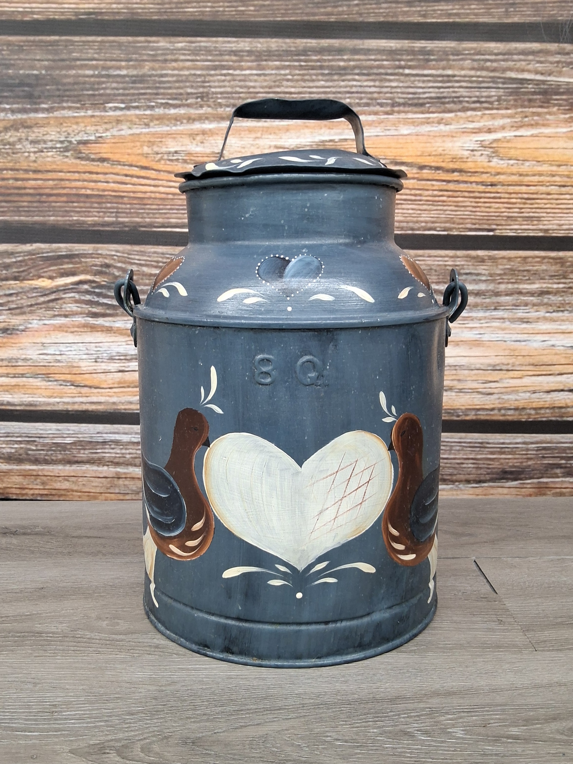 Title Vintage 8-Gal Folk Art Milk Can Hand-Painted Swans & Hearts 14"