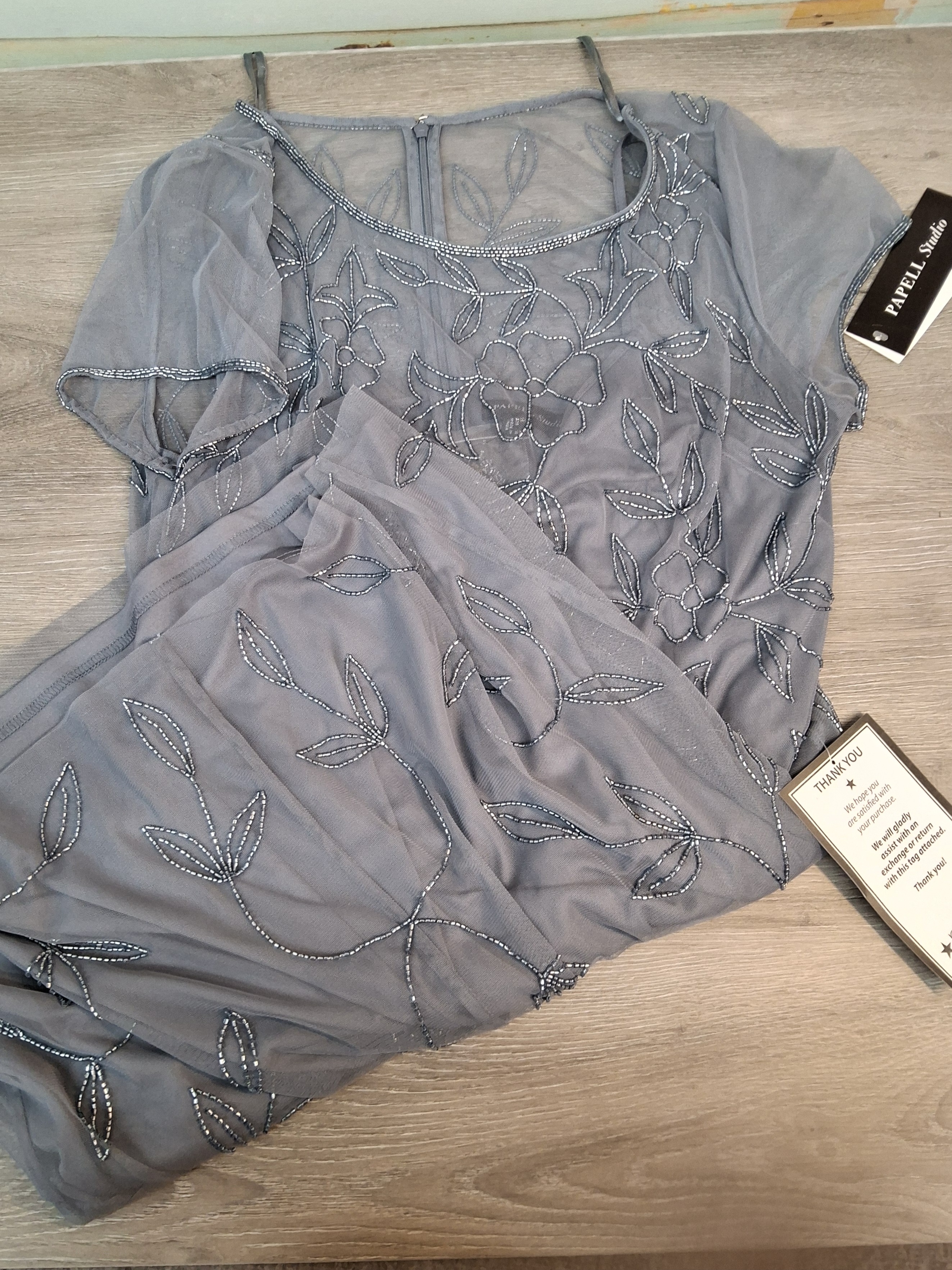 Papell Studio Dusty Blue Beaded Mesh Dress – Size 14