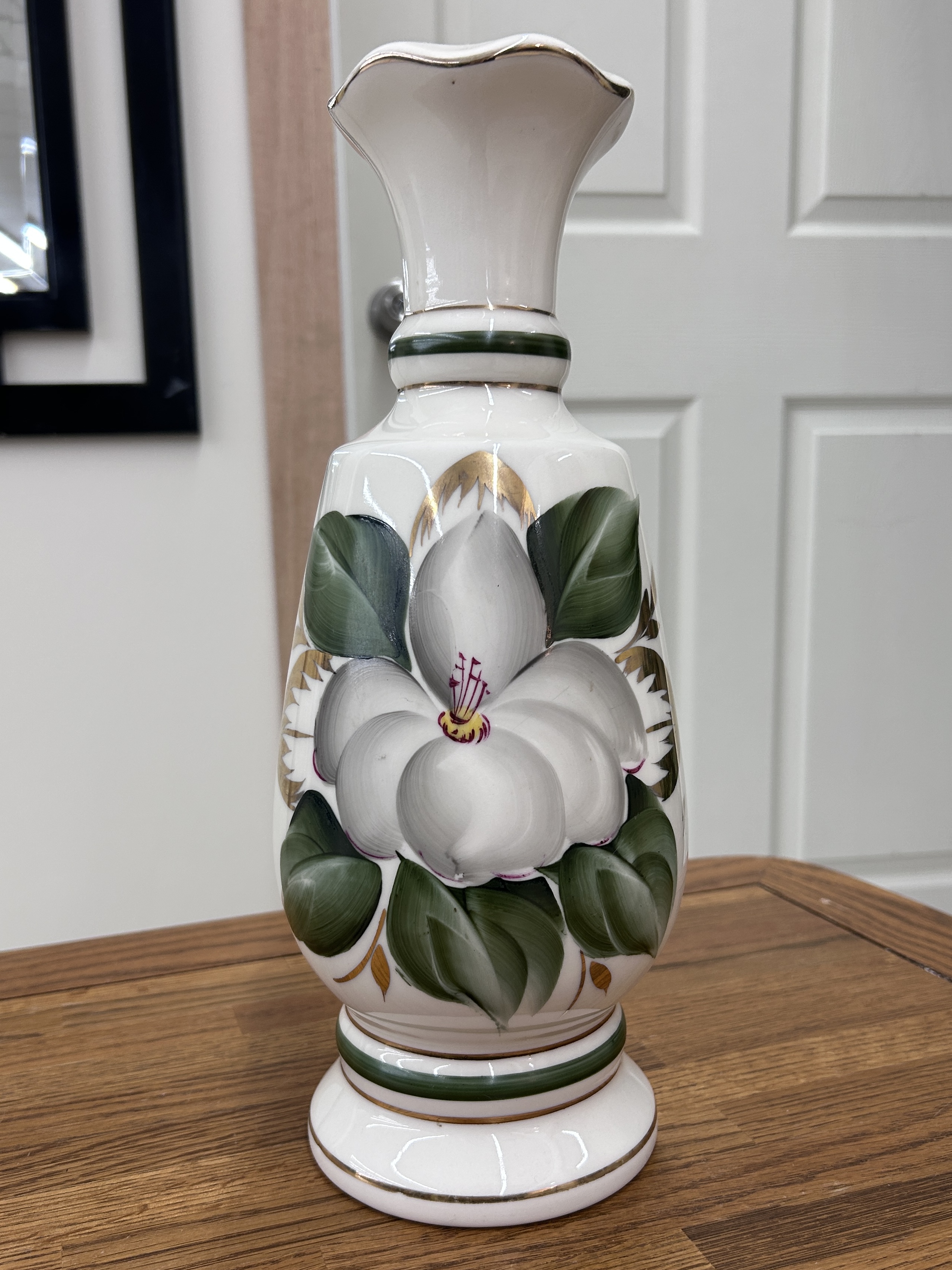 Porcelain Mid Century Ivory Lamp base with Magnolia Flower outined in Gold Trim