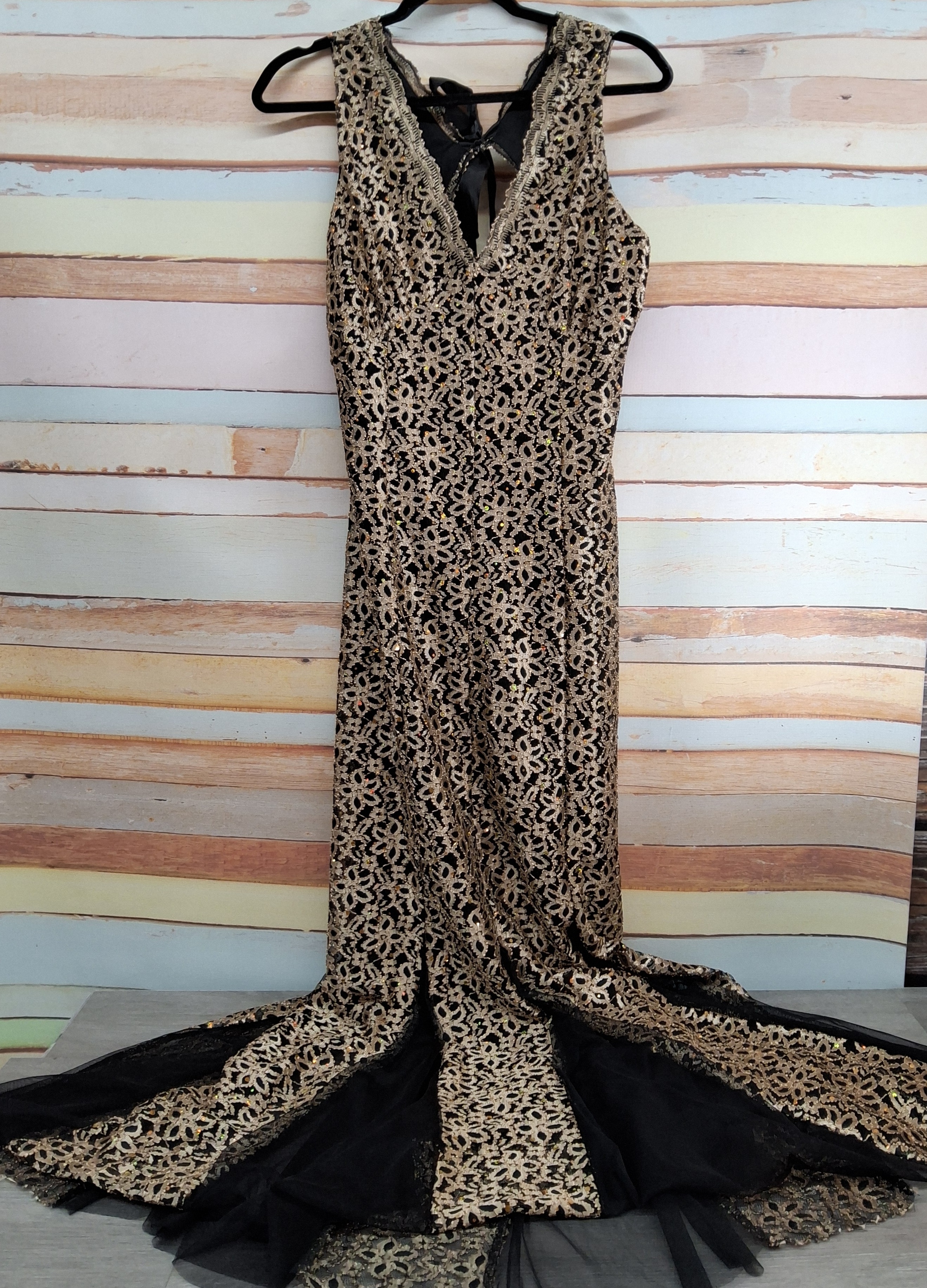 Candalite Black & Gold Lace Mermaid Gown L