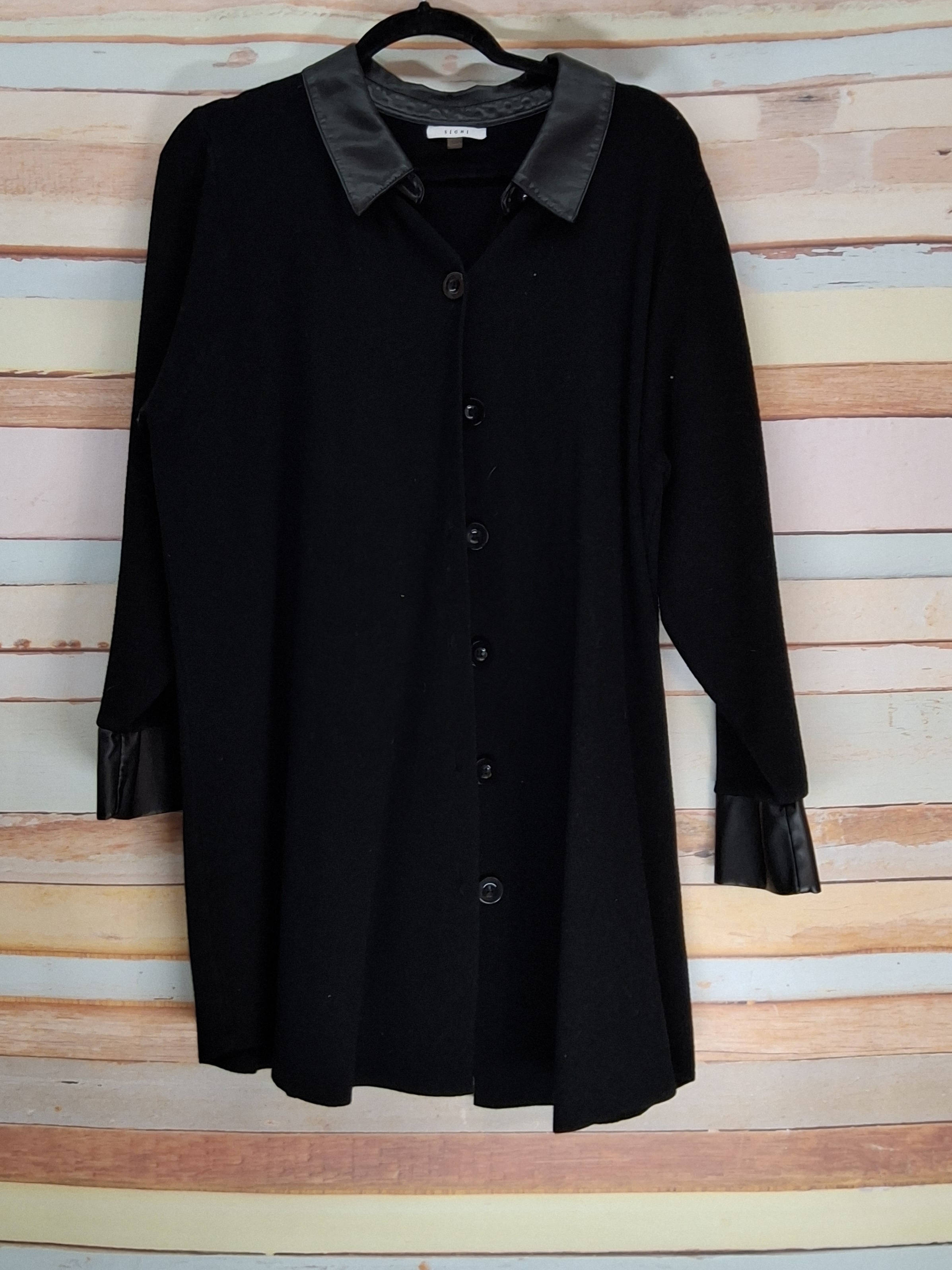 Sioni Black Button-Front Cardigan with Faux Leather Trim 1X