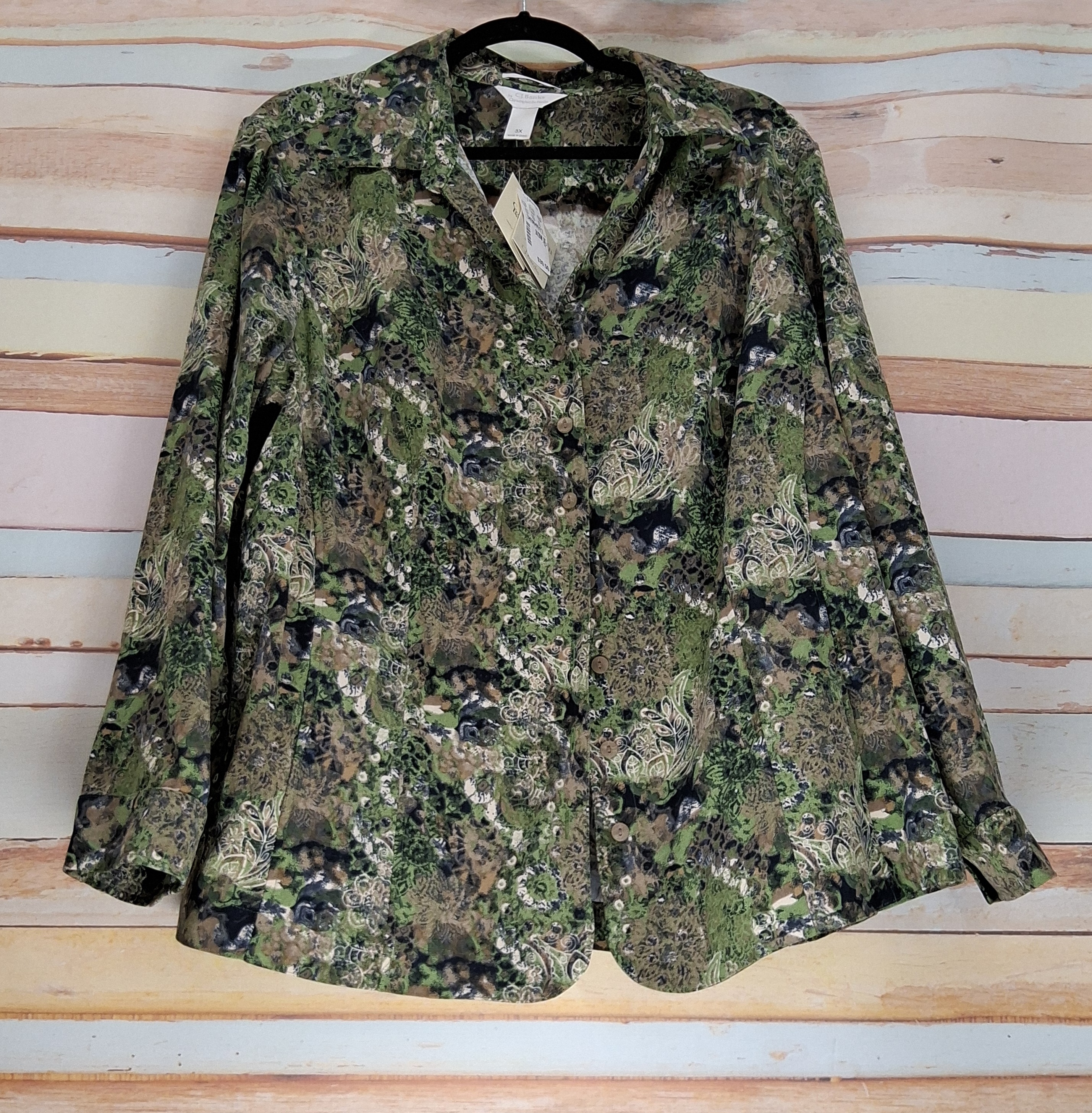 CJ Banks Stretch Button-Front Blouse 3X Green Print NWT