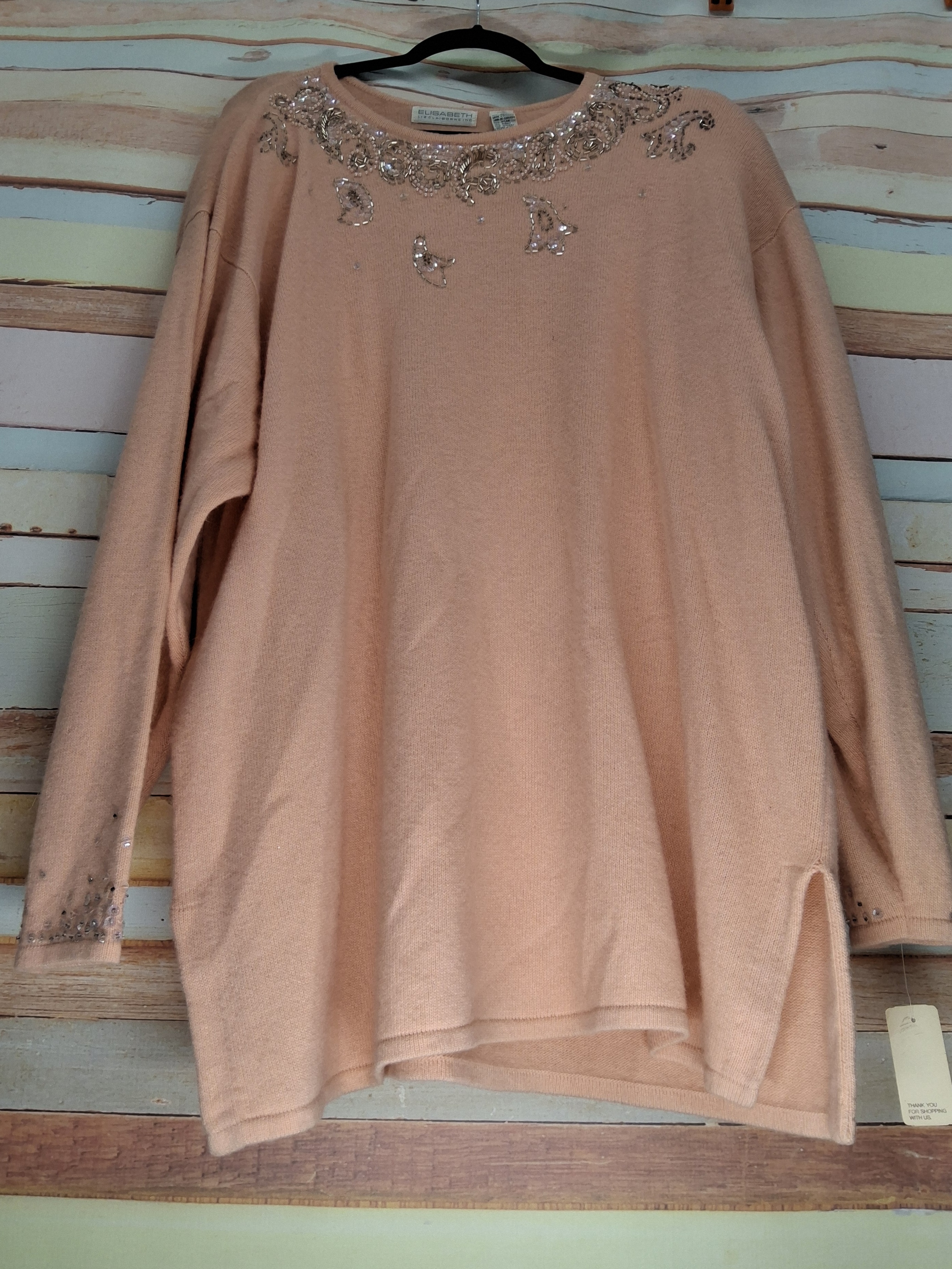 Liz Claiborne Peach Beaded Lambswool Blend Sweater Size. 3
