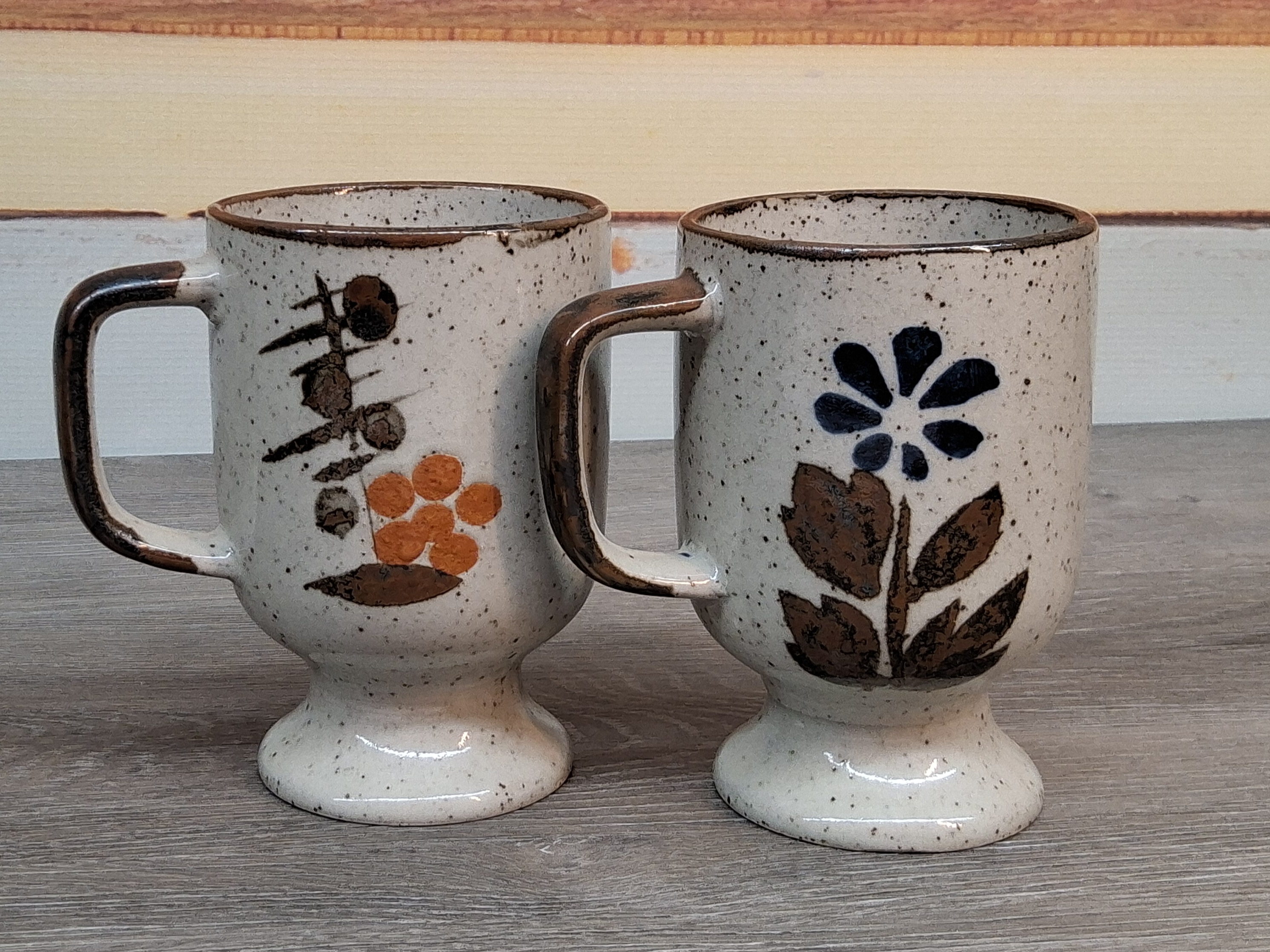 Vintage Handcrafted Stoneware Pedestal Mugs – Floral Design (Set of 2)