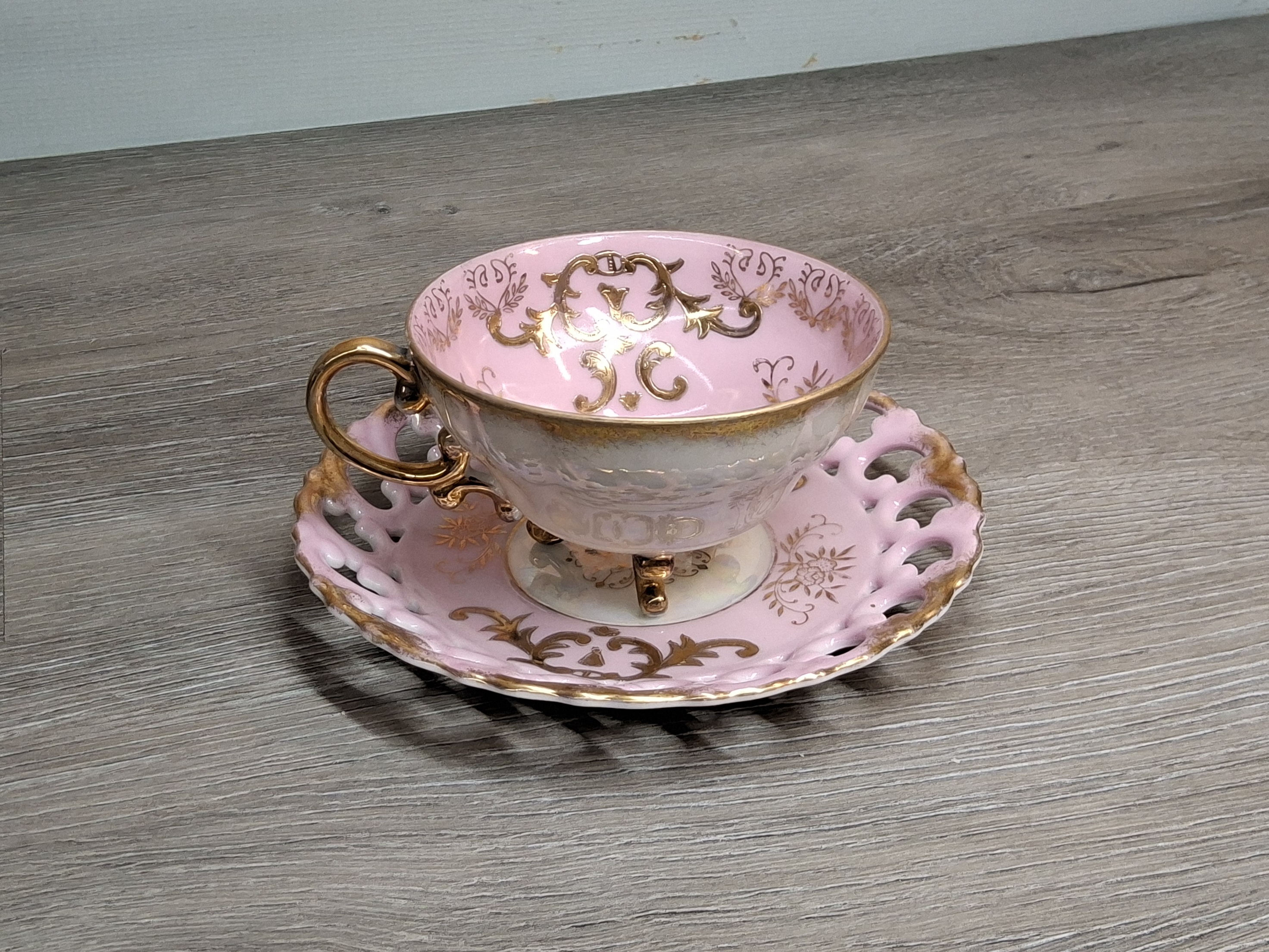 Royal Sealy Pink China Pedestal Teacup & Reticulated Saucer