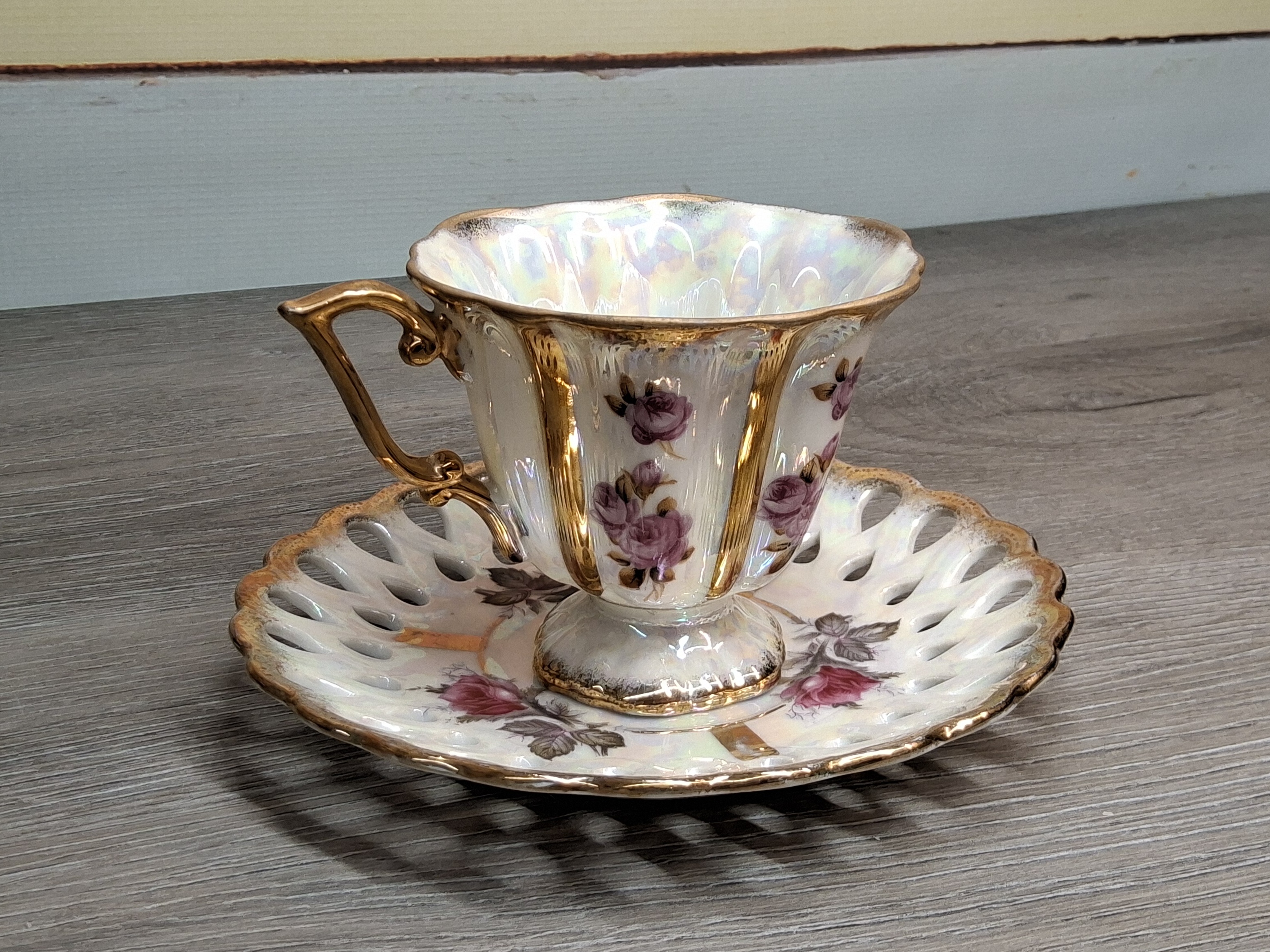 Royal Sealy Lusterware Rose Footed Teacup & Reticulated Saucer