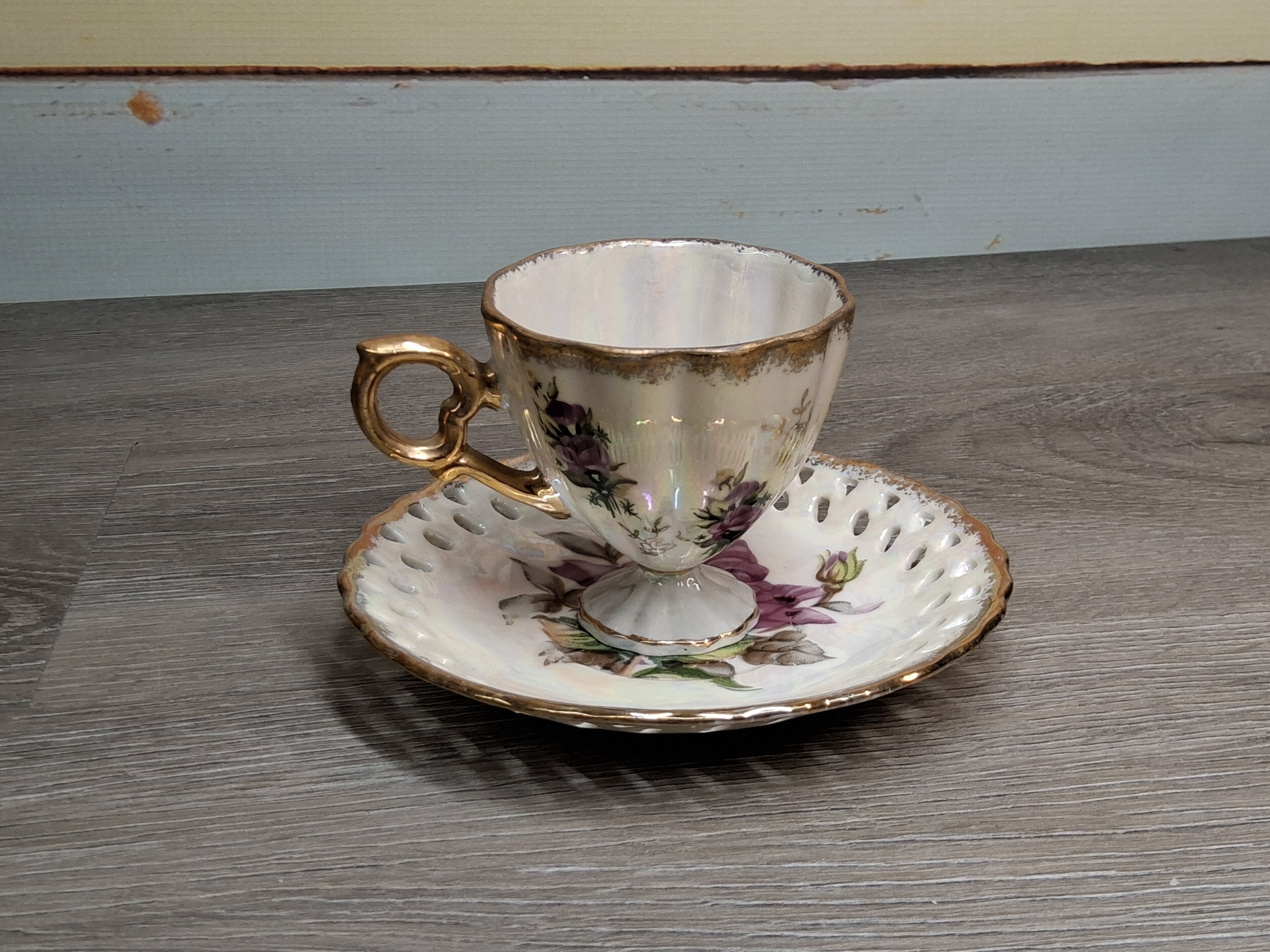 Royal Sealy Lusterware Footed Teacup & Reticulated Saucer with Purple Roses