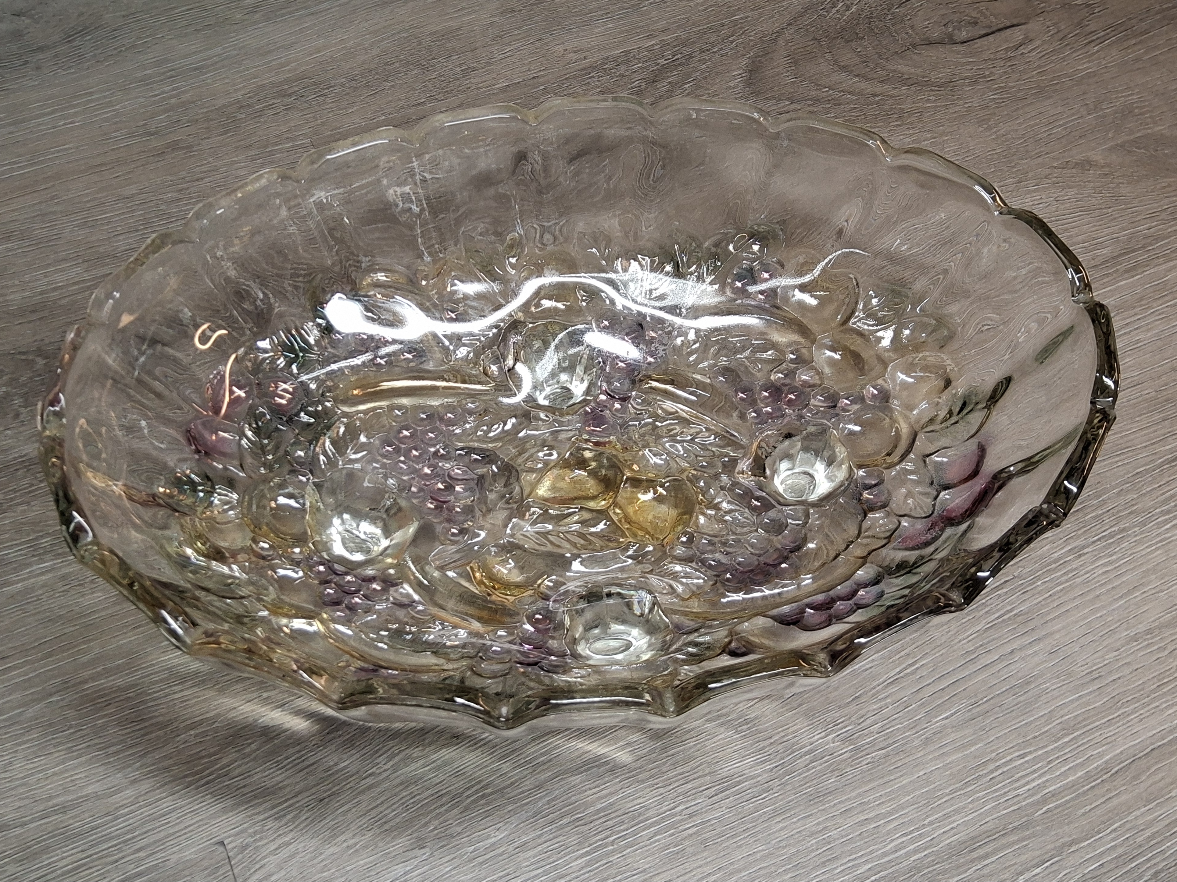 Vintage Clear Pressed Glass Footed Fruit Bowl - Grape Harvest Pattern