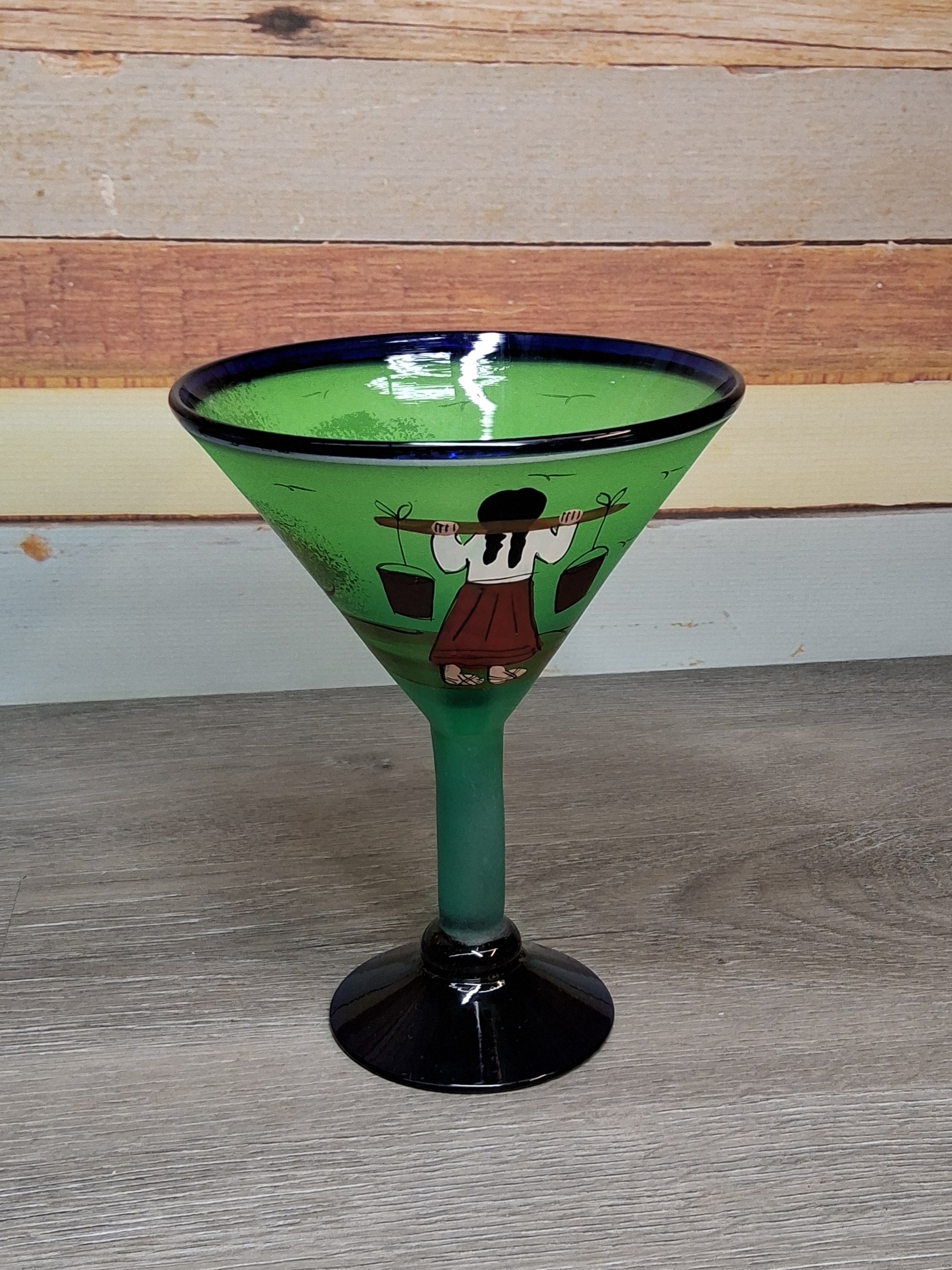 Hand-Painted Green Martini/Margarita Glass - Woman with Buckets Figural