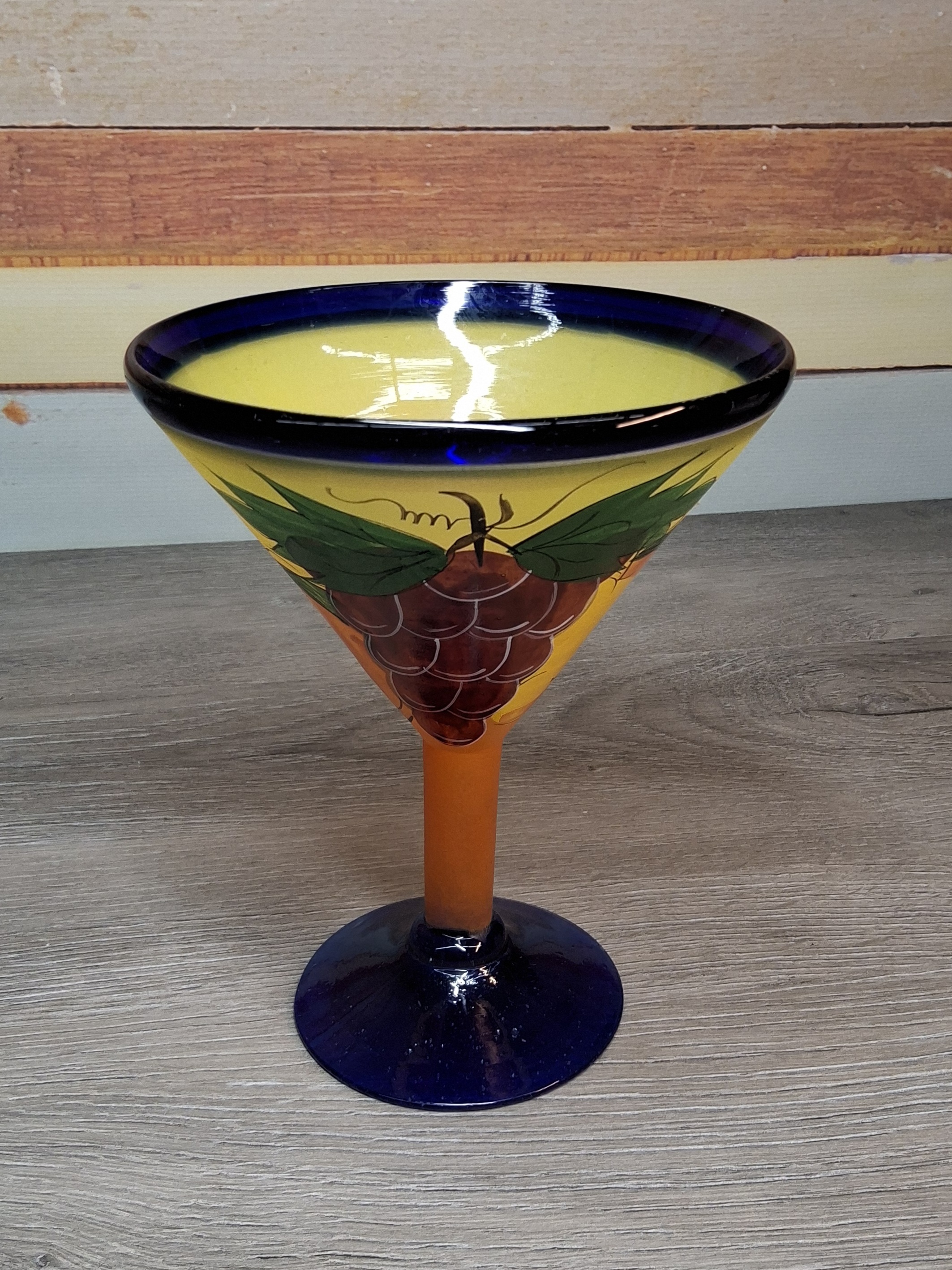 Hand-Painted Grape Motif Martini/Margarita Glass - Cobalt Base & Stem
