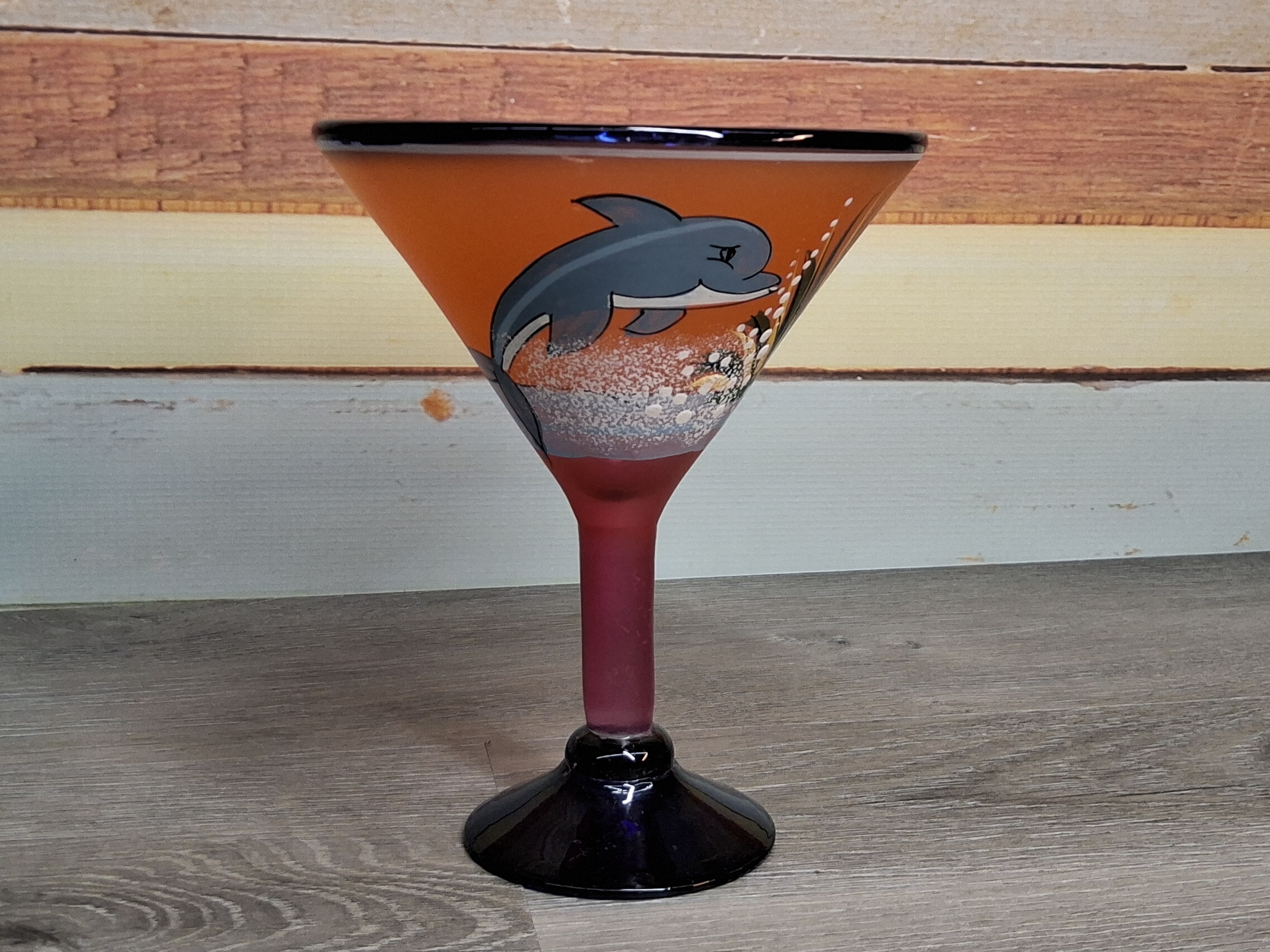 Hand Painted Dolphin Martini Glass Blue Orange