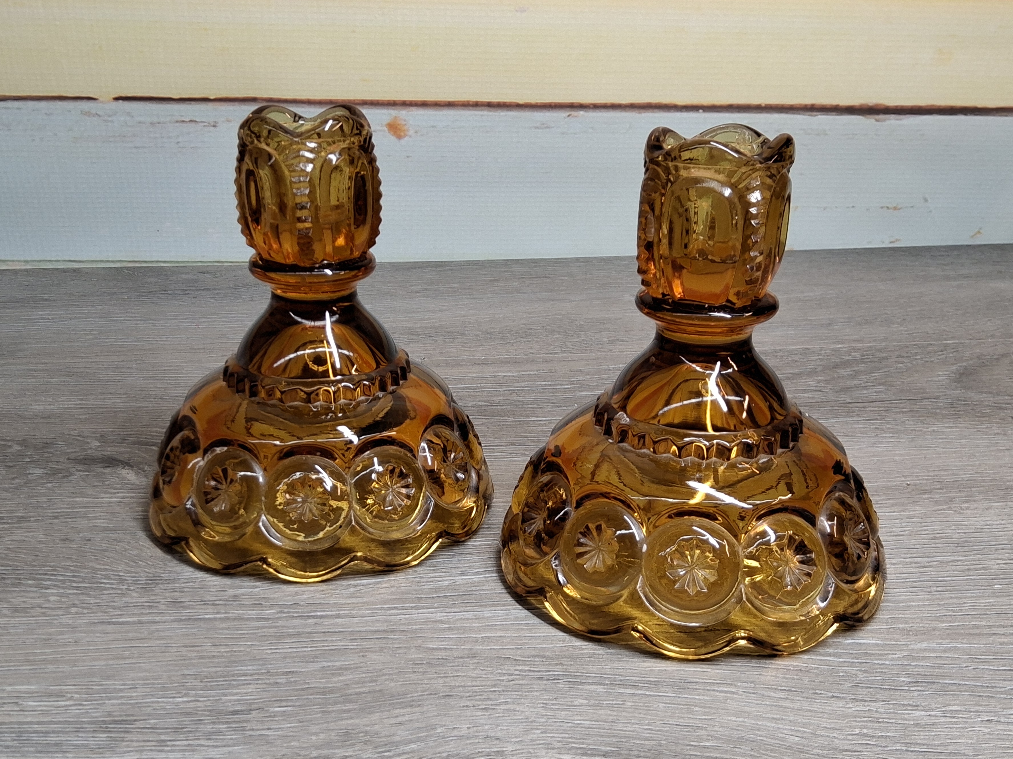 Vintage Moon & Stars Amber Glass Candlestick Pair
