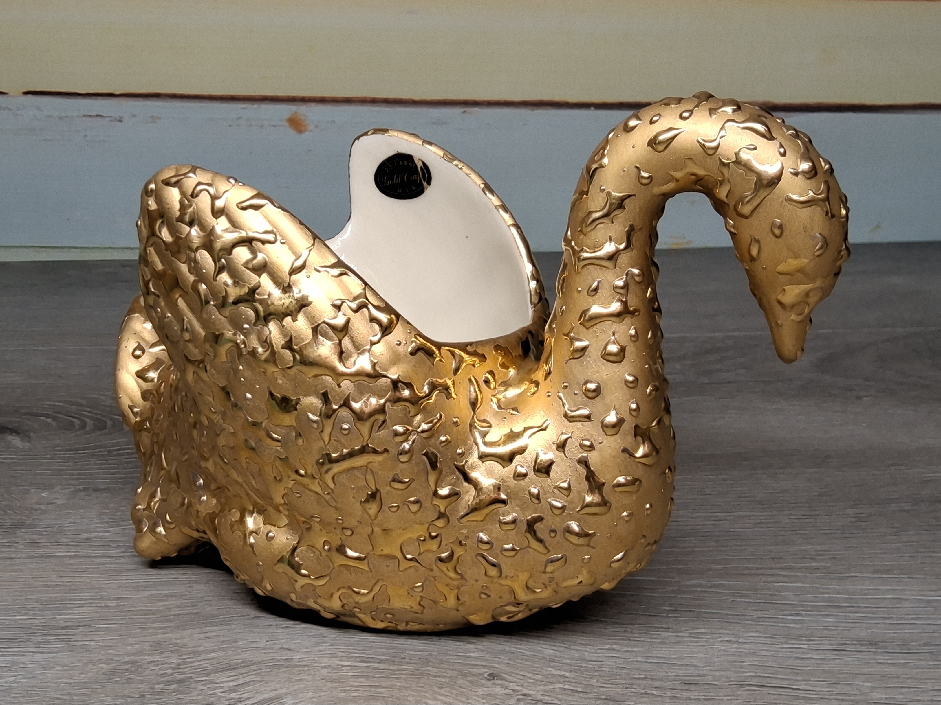 Vintage 22K Gold Craft Weeping Gold Swan Planter