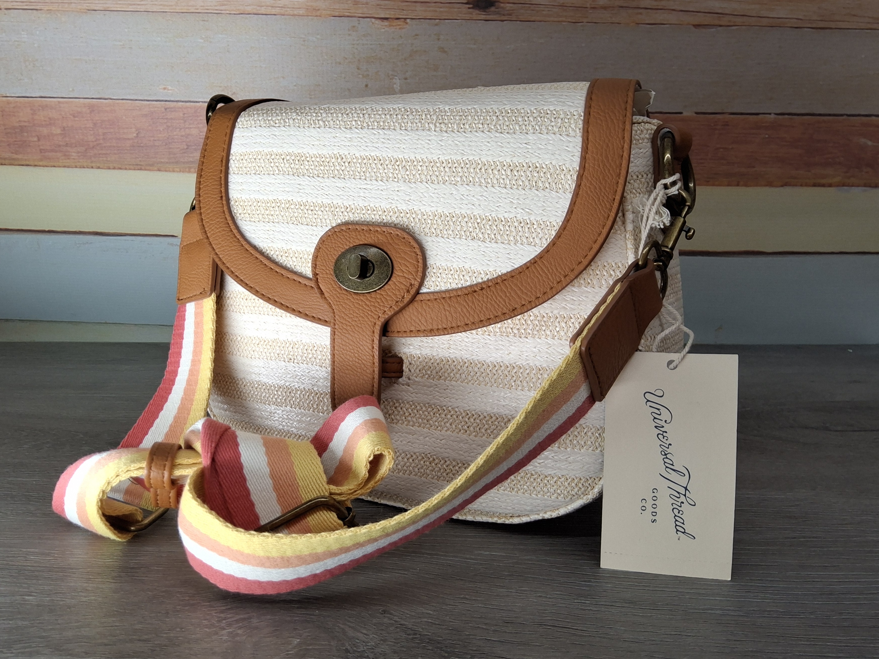 Universal Thread Striped Straw Crossbody Bag with Rainbow Strap
