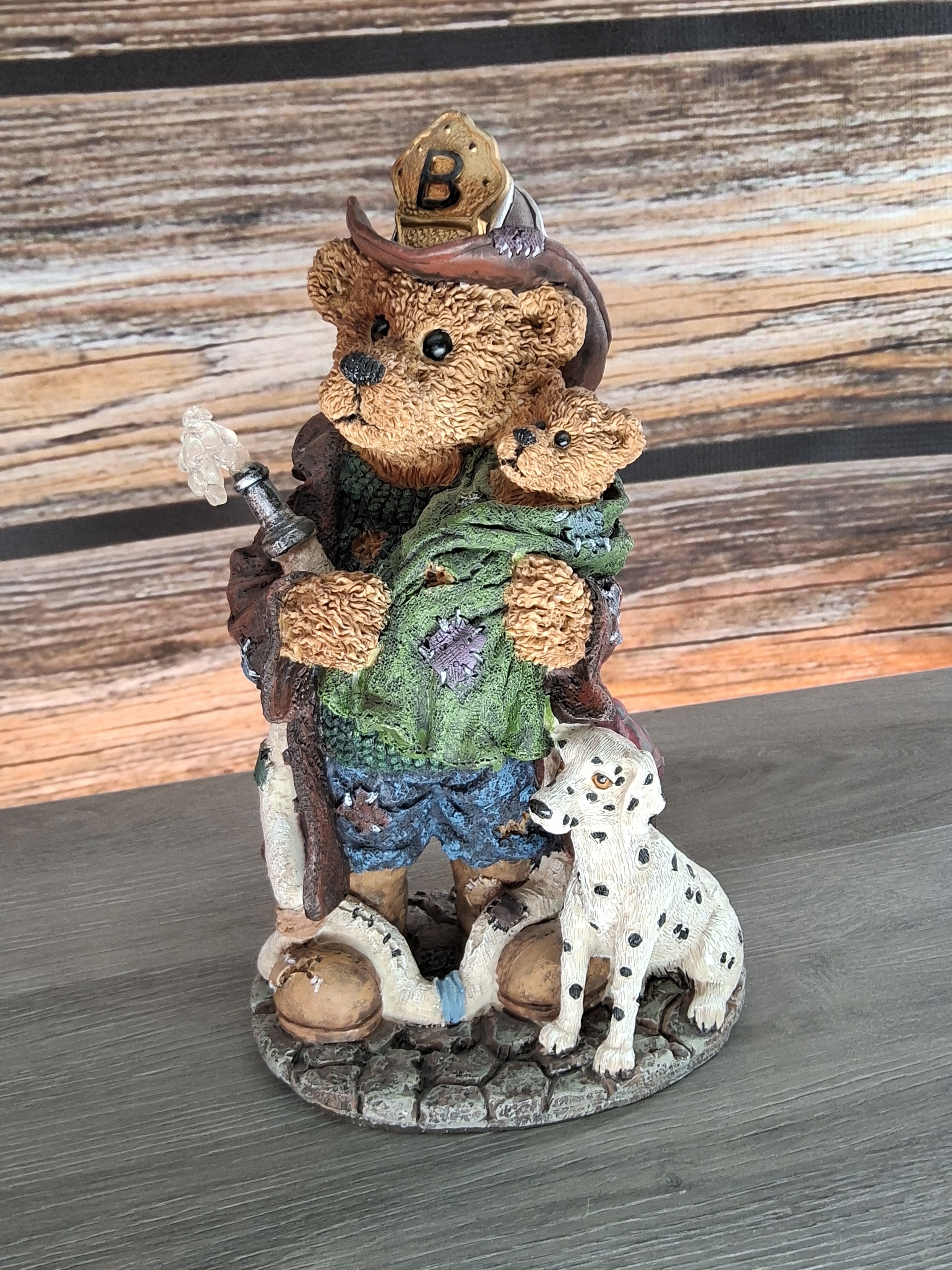 Firefighter Bear Figurine Holding Baby Bear & Dalmatian Puppy