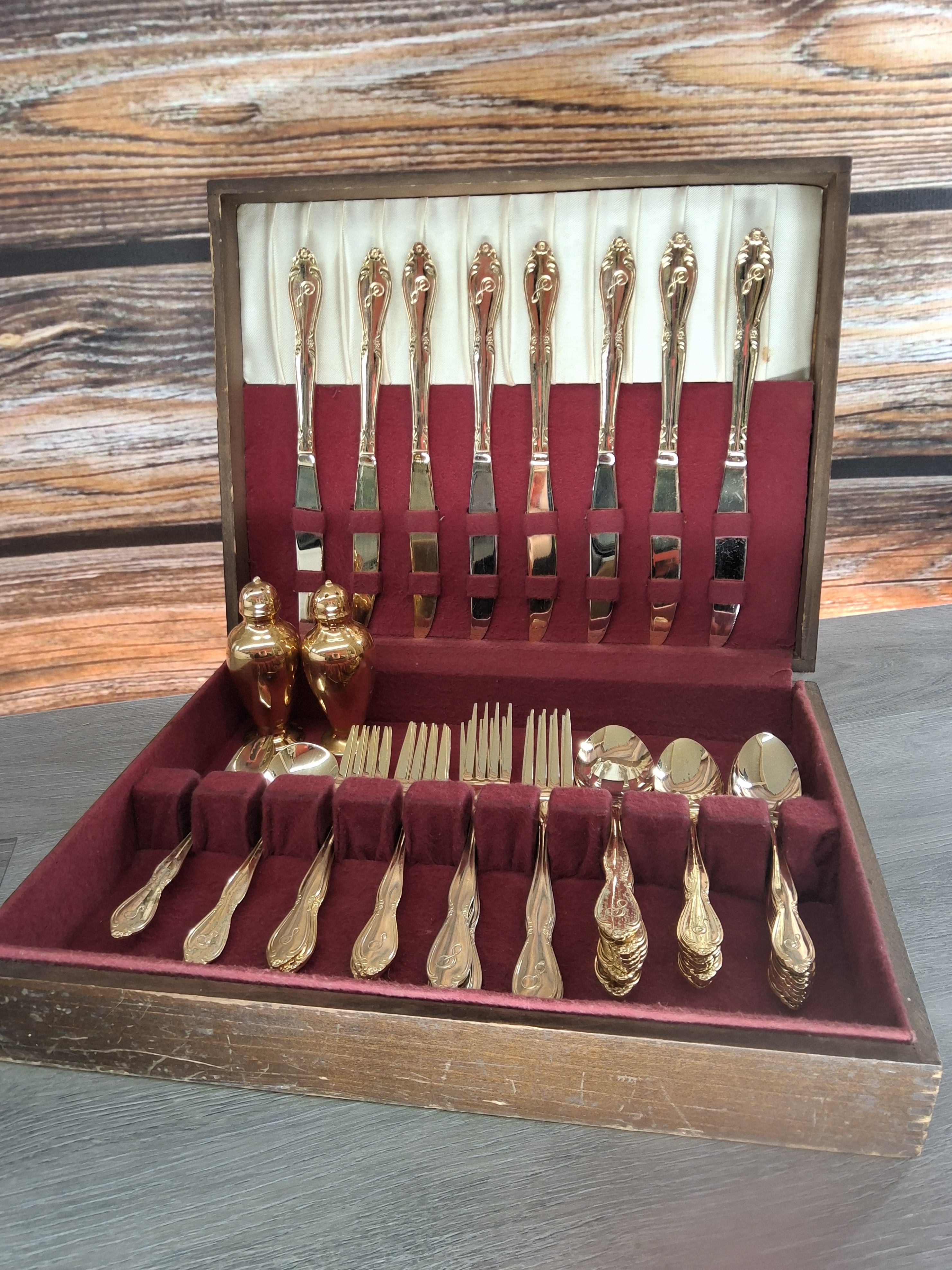Vintage Gold Plated Flatware Set Monogram S Red Case (Estimated 50+ pcs)