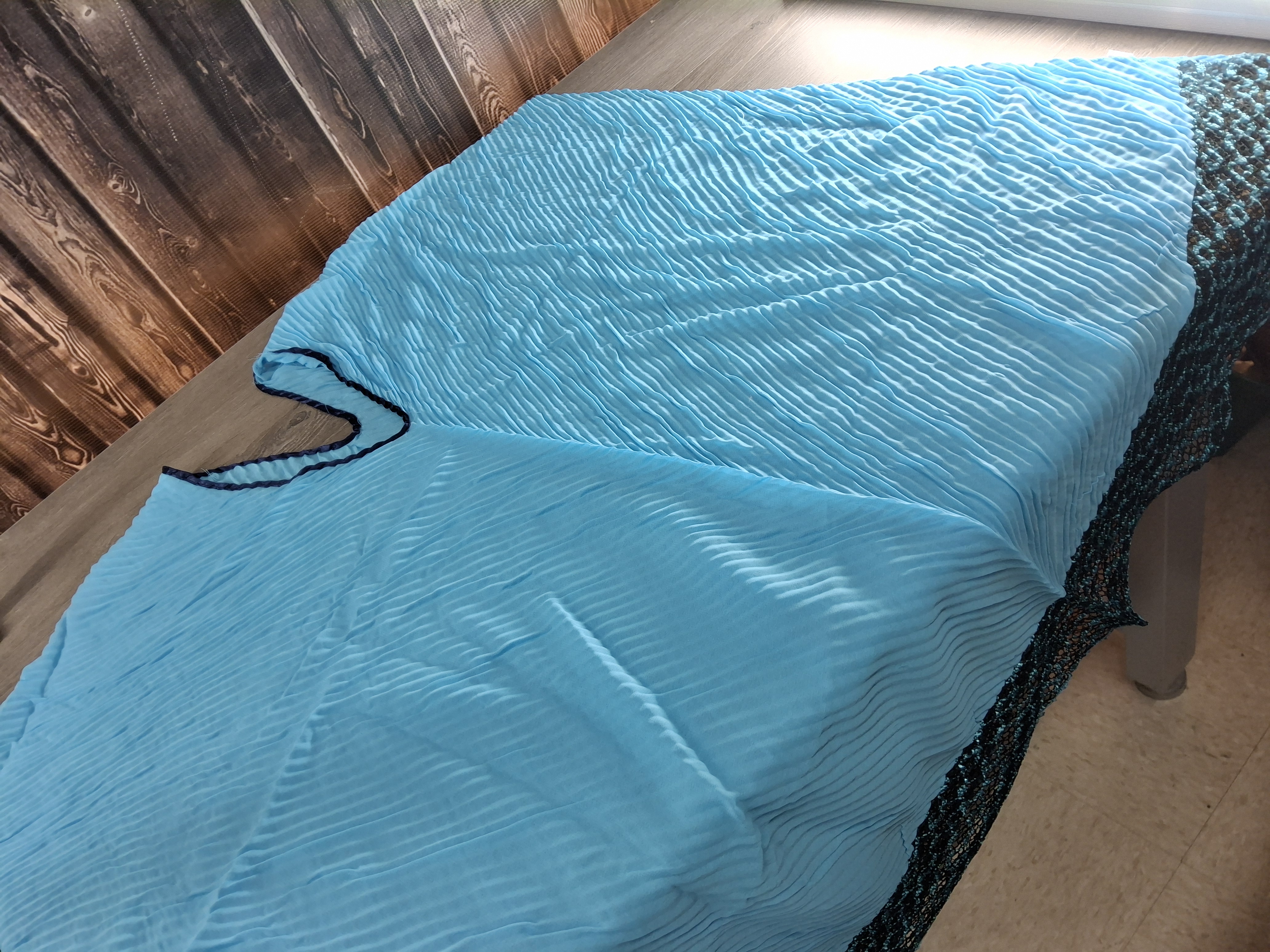 Blue Pleated Kaftan Dress Swim Cover Up Crochet Trim NWOT