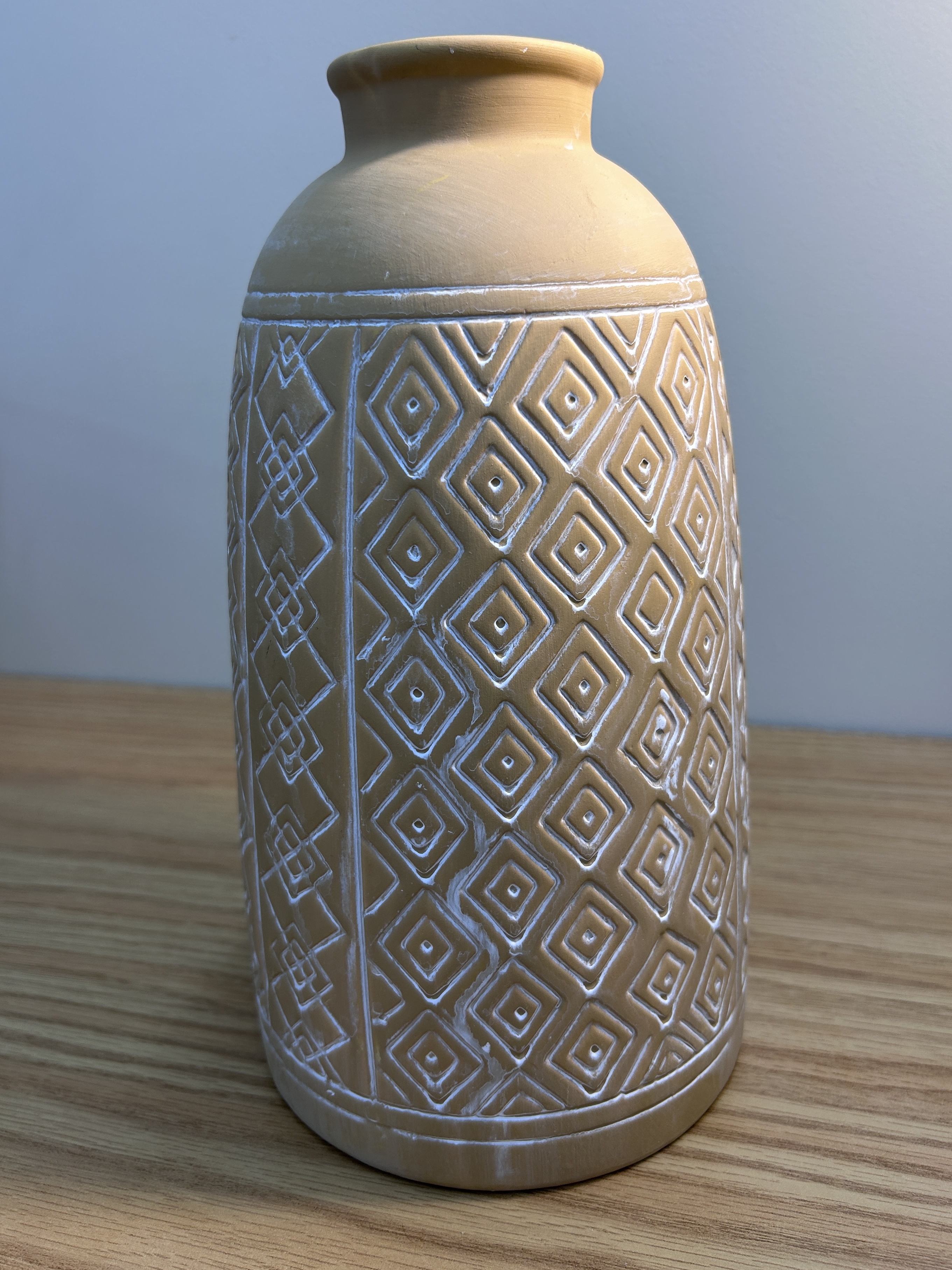 Geometric Tan Ceramic Vase with White Etched Pattern
