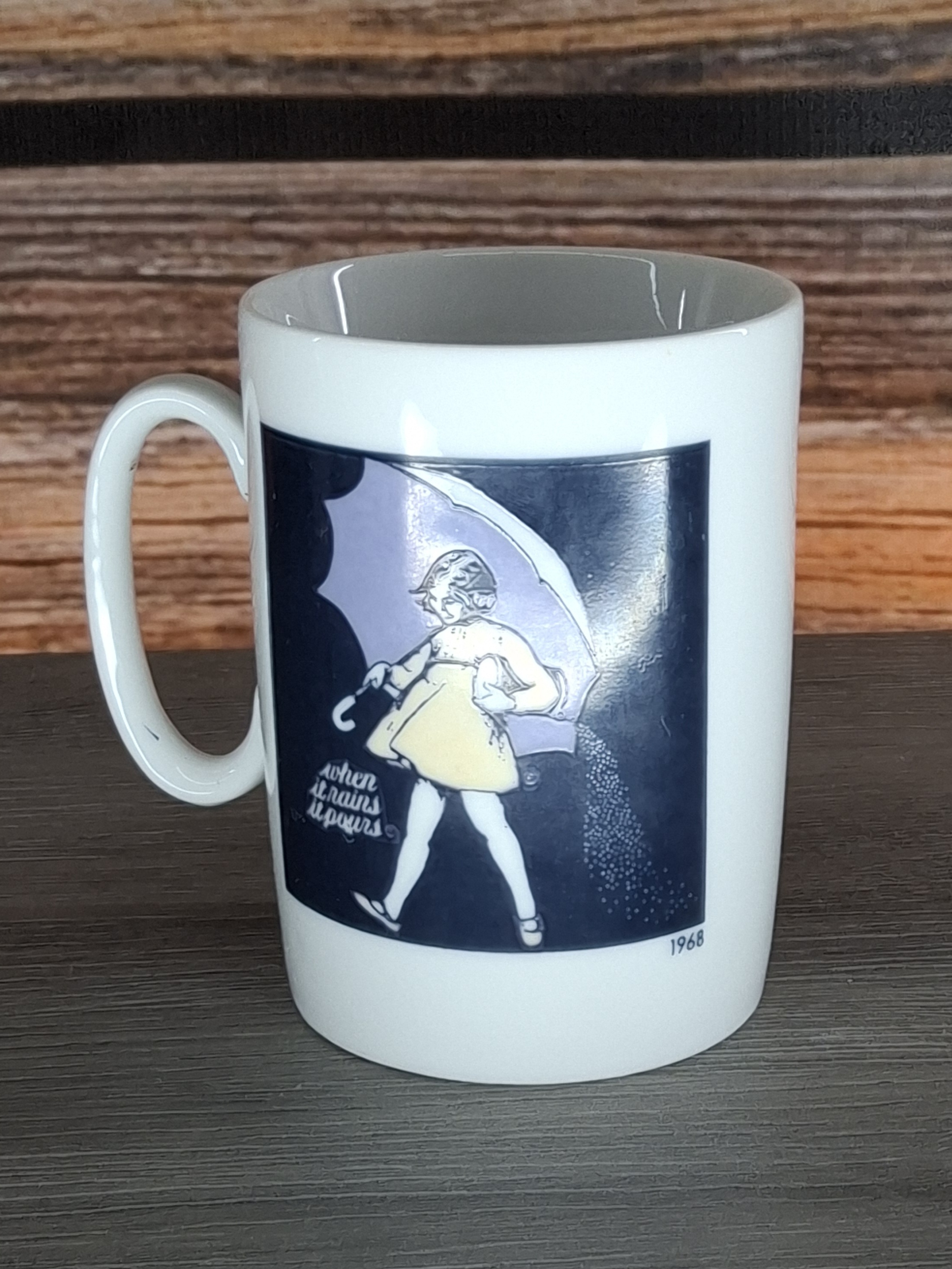Vintage Morton Salt Girl 1968 Logo Coffee Mug "When It Rains It Pours" Japan