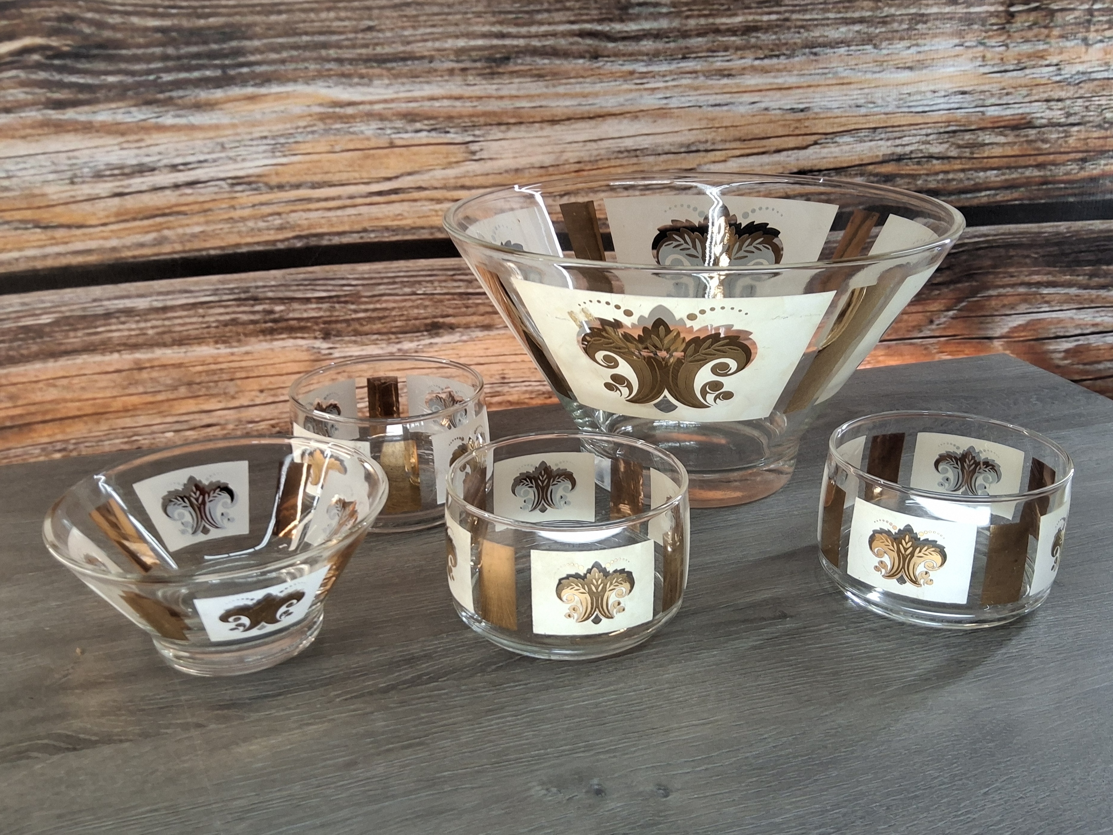 Vintage Mid-Century Gold White 5 PC Punch Bowl & Snack Bowl Set MCM