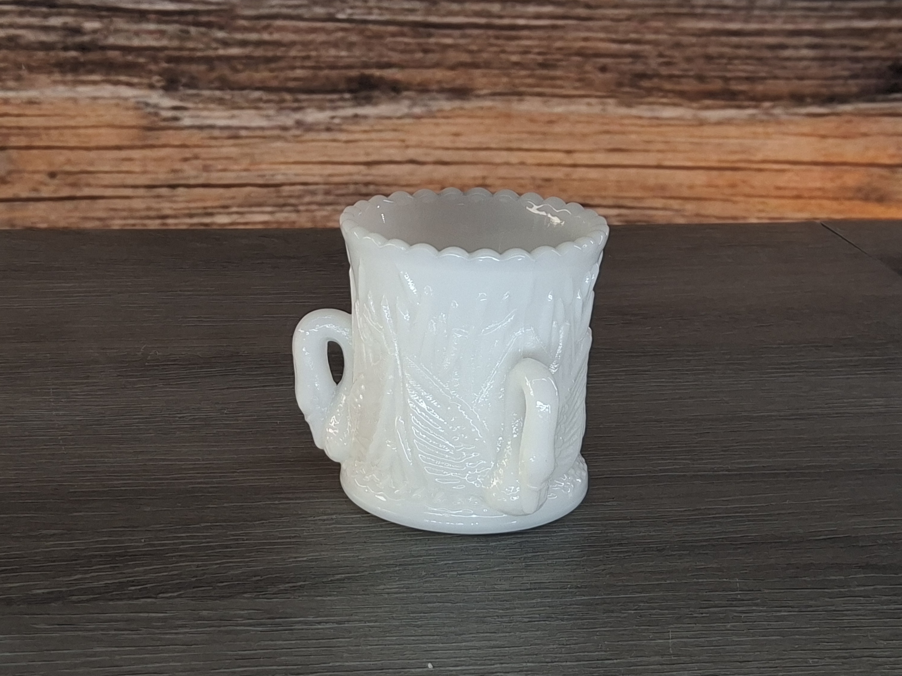 Vintage Milk Glass Toothpick Holder Swan Handles Embossed Scalloped Edge