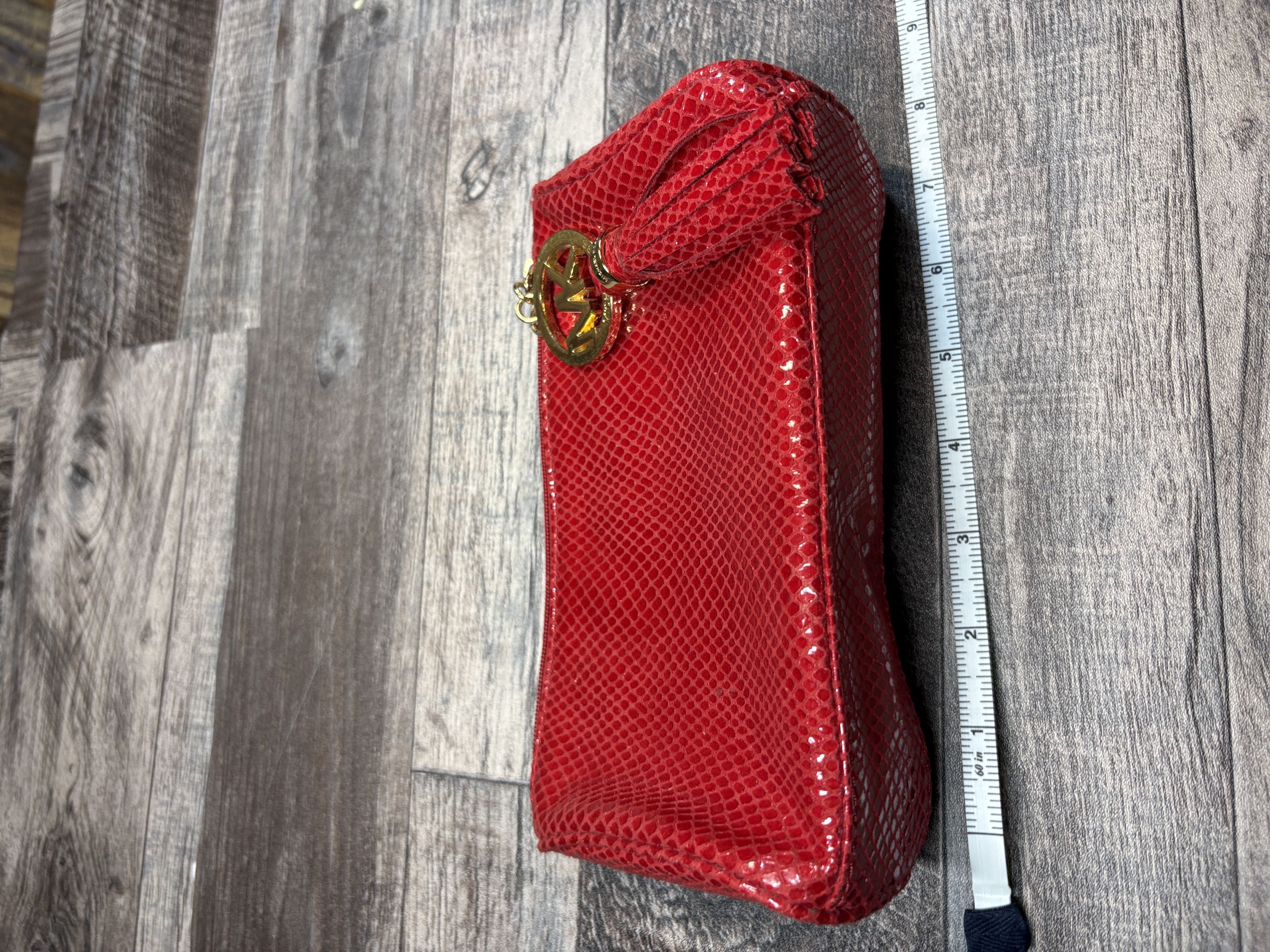Michael Kors Red Snakeskin Wristlet/ Pouch Tassel & Gold MK Charm