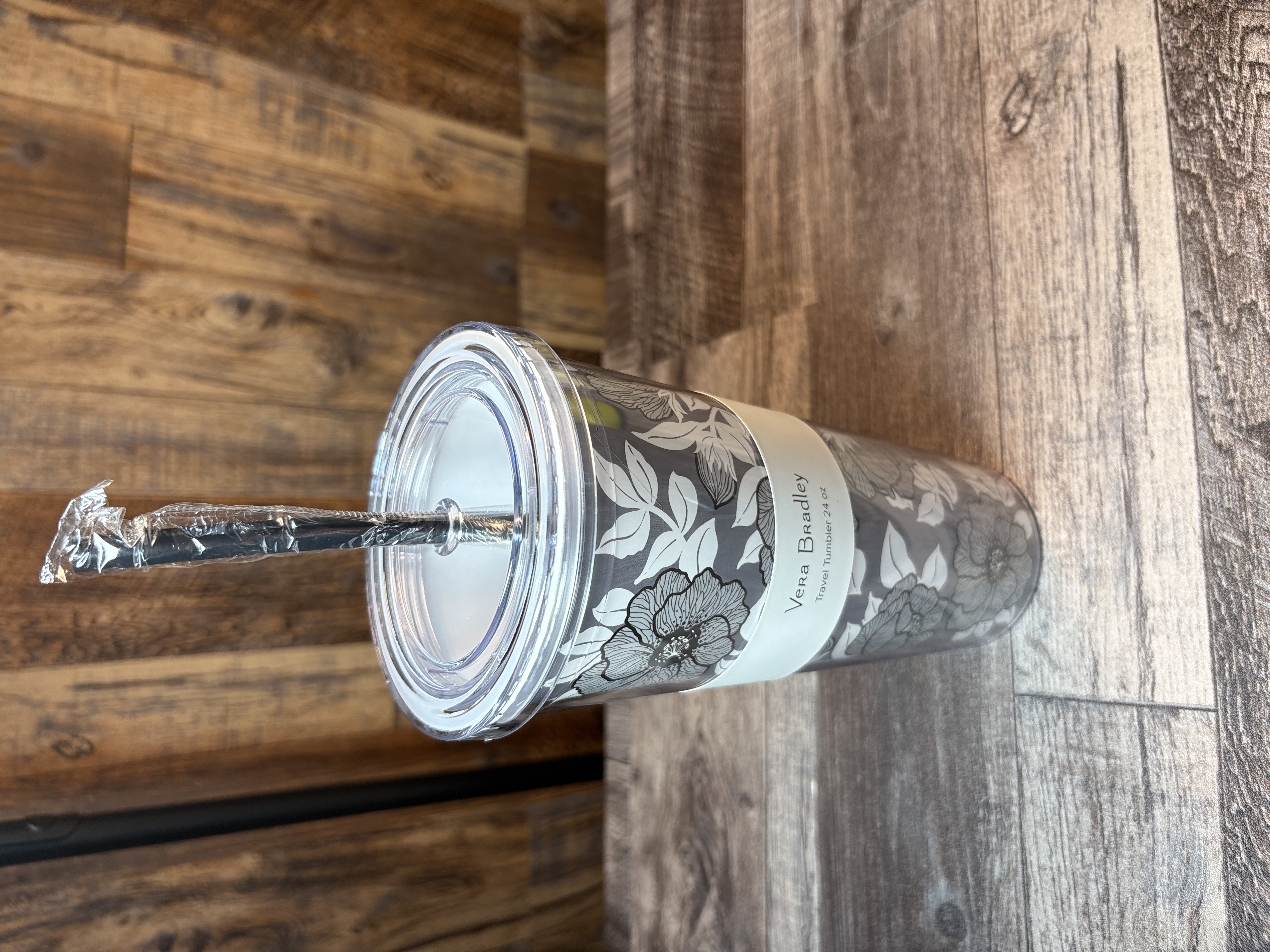 Vera Bradley 24oz Floral Travel Tumbler – Gray & White Pattern – New